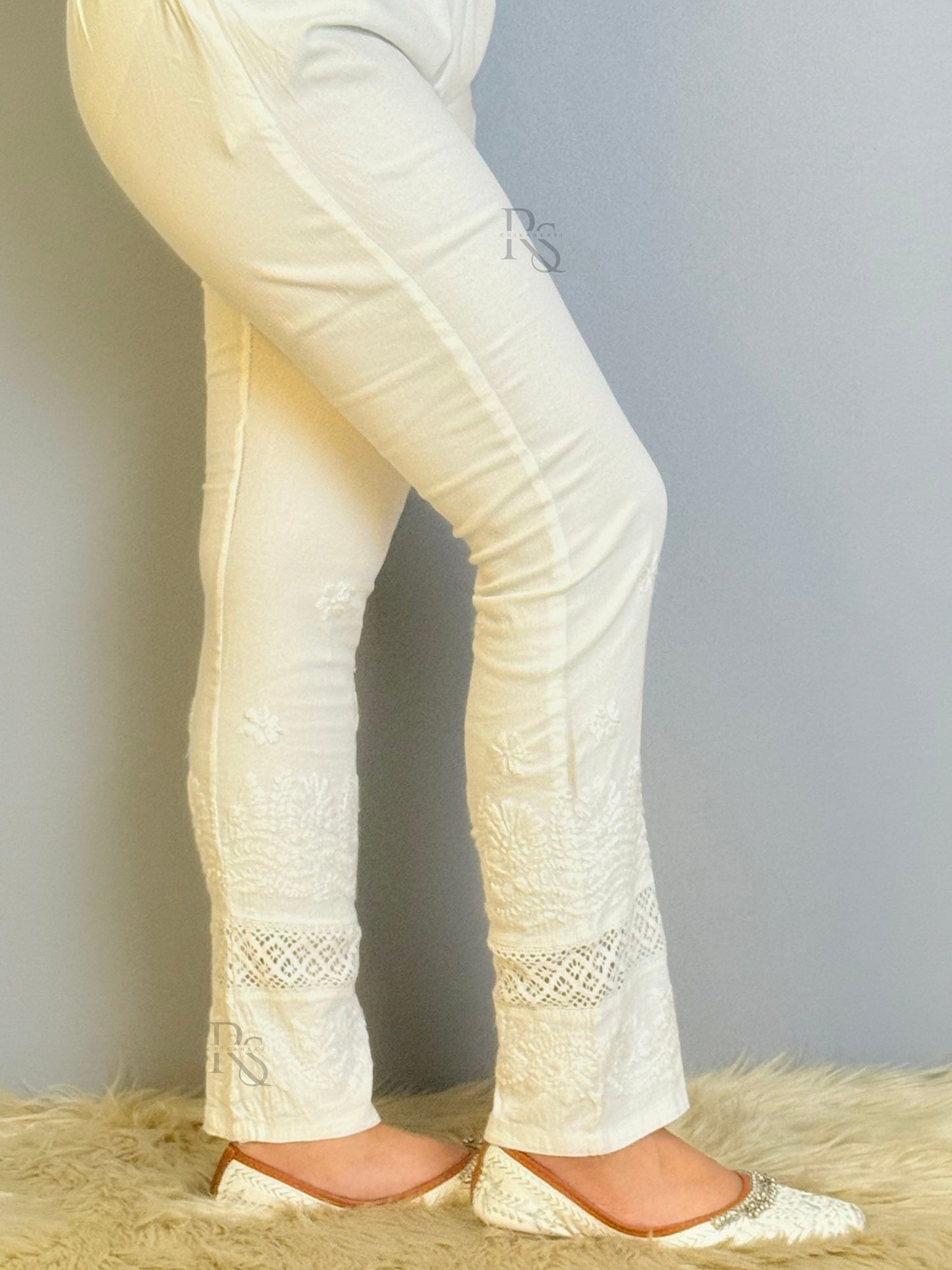 White cotton chikankari pant with lace and hand embroidery detailing