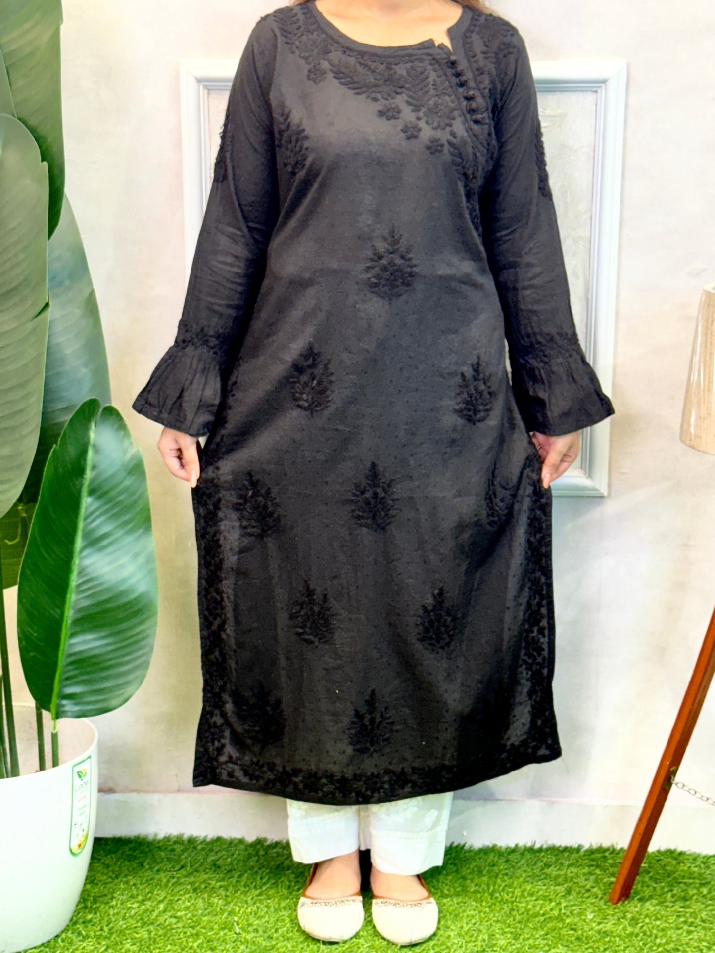 Black Dobby Cotton Lucknow Chikankari Kurta with hand embroidery and bell sleeves look
