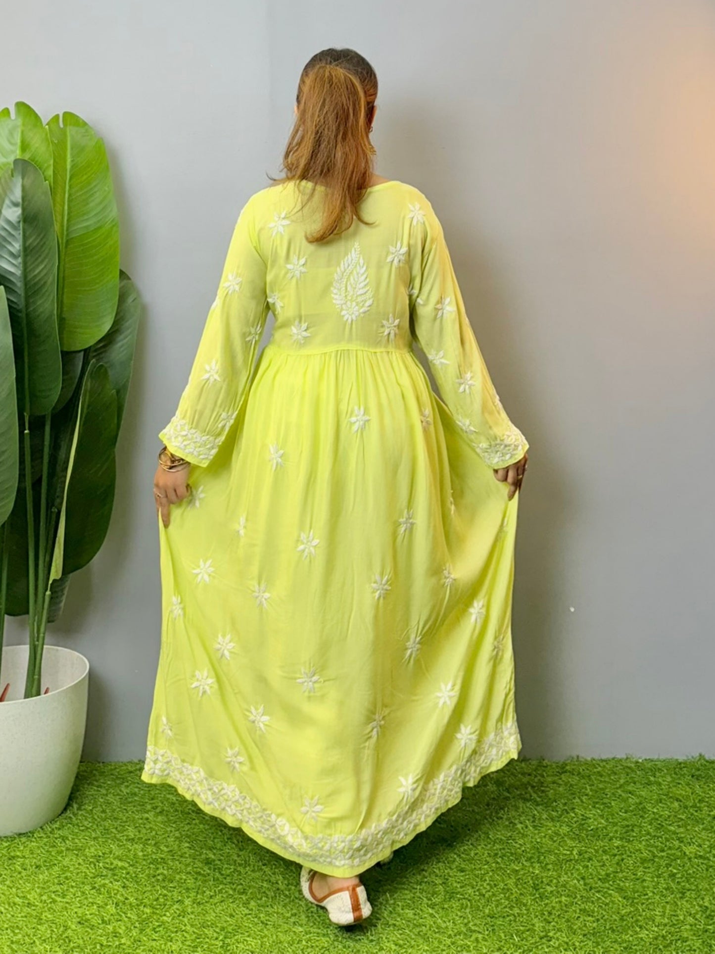 Lime green modal fabric Lucknowi Chikankari long frock with white hand embroidery, soft and comfortable