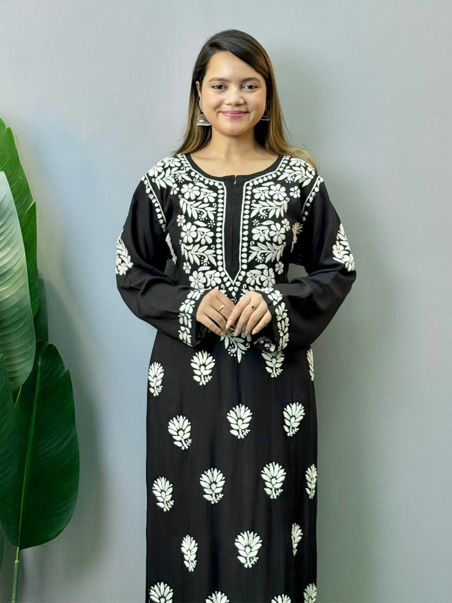 Black modal kurta with white Lucknowi Chikankari hand embroidery – soft and elegant ethnic wear for women