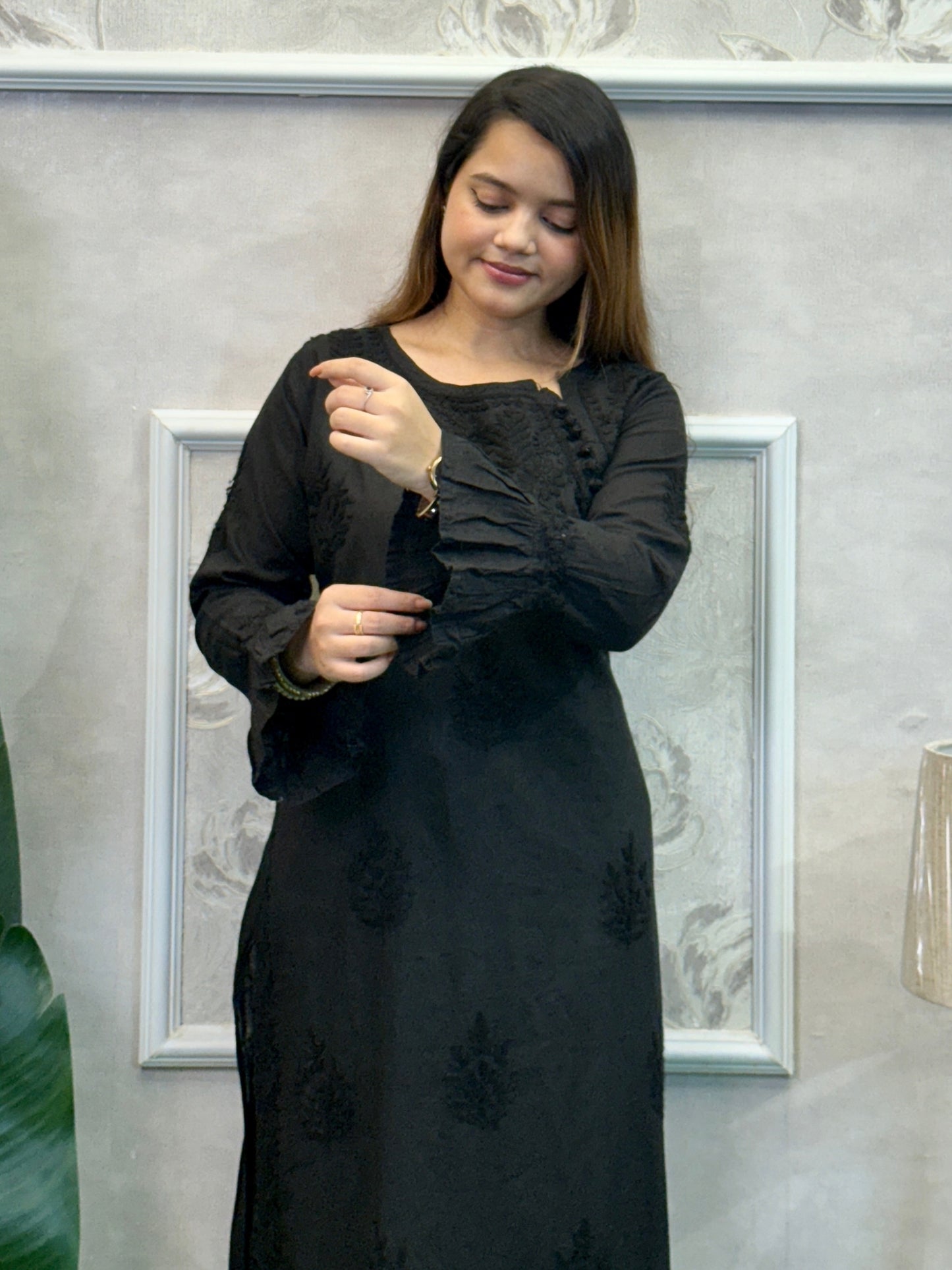 Black Dobby Cotton Lucknow Chikankari Kurta with hand embroidery and bell sleeves look