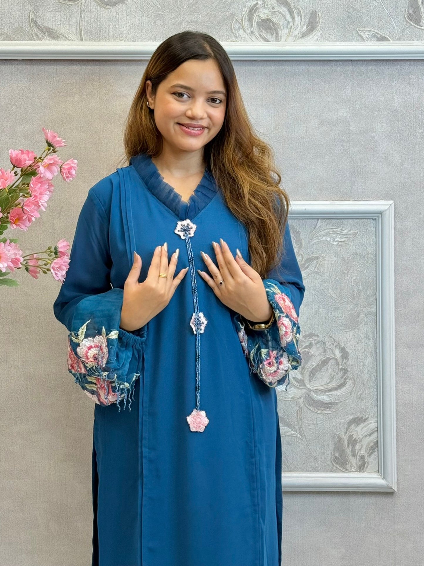 Midnight teal designer georgette kurta with floral embroidered organza sleeves and satin stretch pants