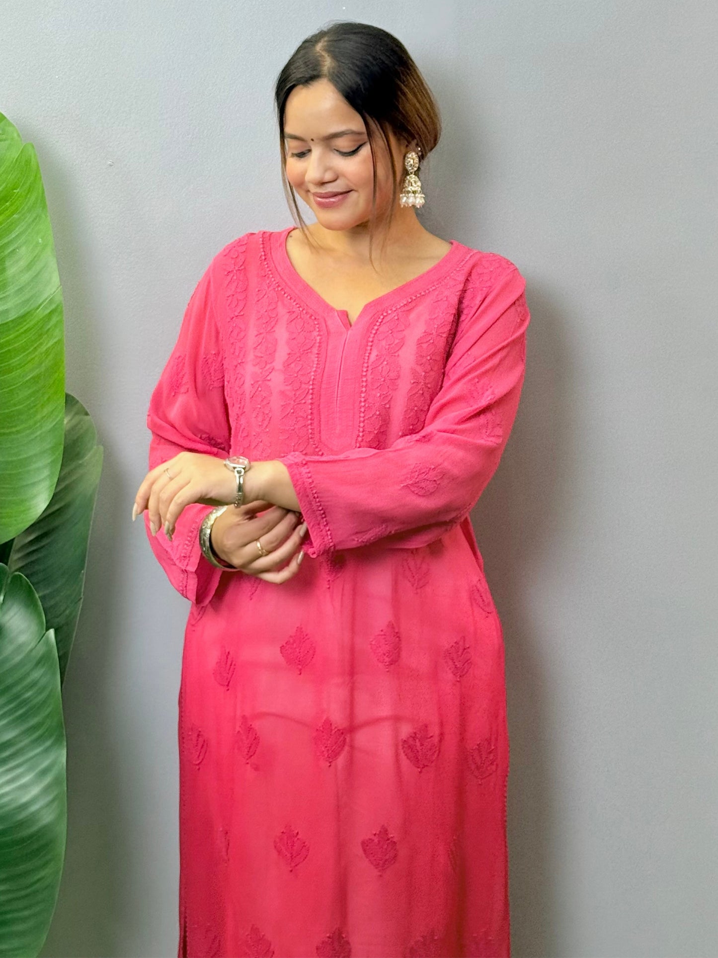 Rose red transy viscose Lucknow Chikankari kurta with hand embroidery – soft and comfortable casual wear.