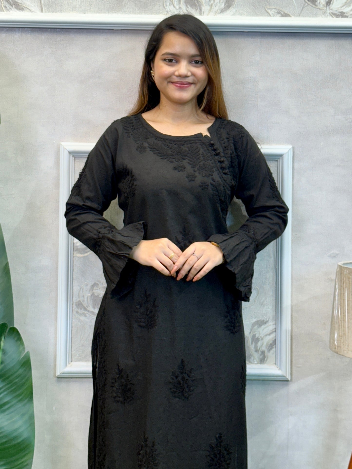 Black Dobby Cotton Lucknow Chikankari Kurta with hand embroidery and bell sleeves look