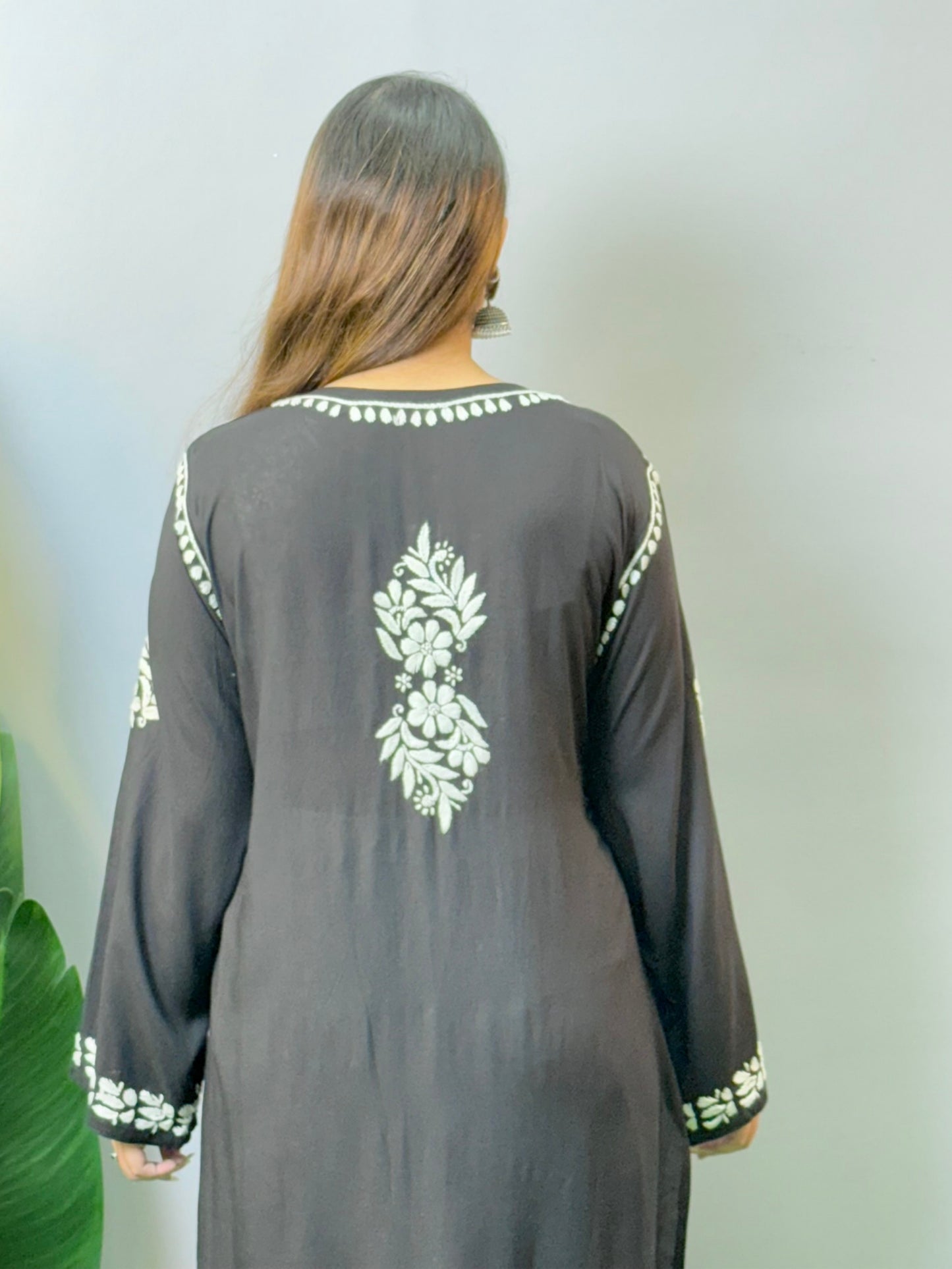 Black modal kurta with white Lucknowi Chikankari hand embroidery – soft and elegant ethnic wear for women