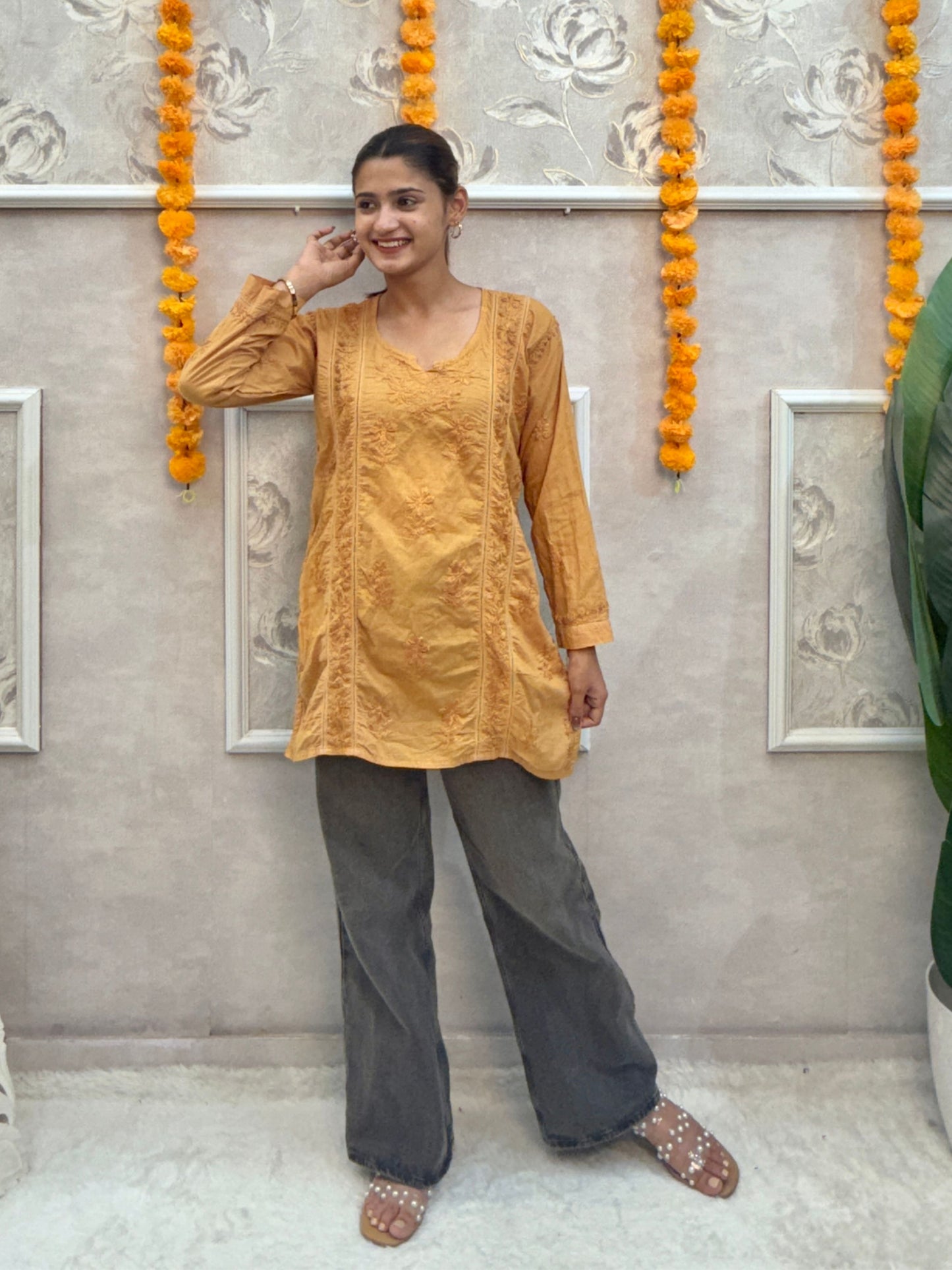 Mustard cotton short chikankari kurta with hand embroidery and both side pockets