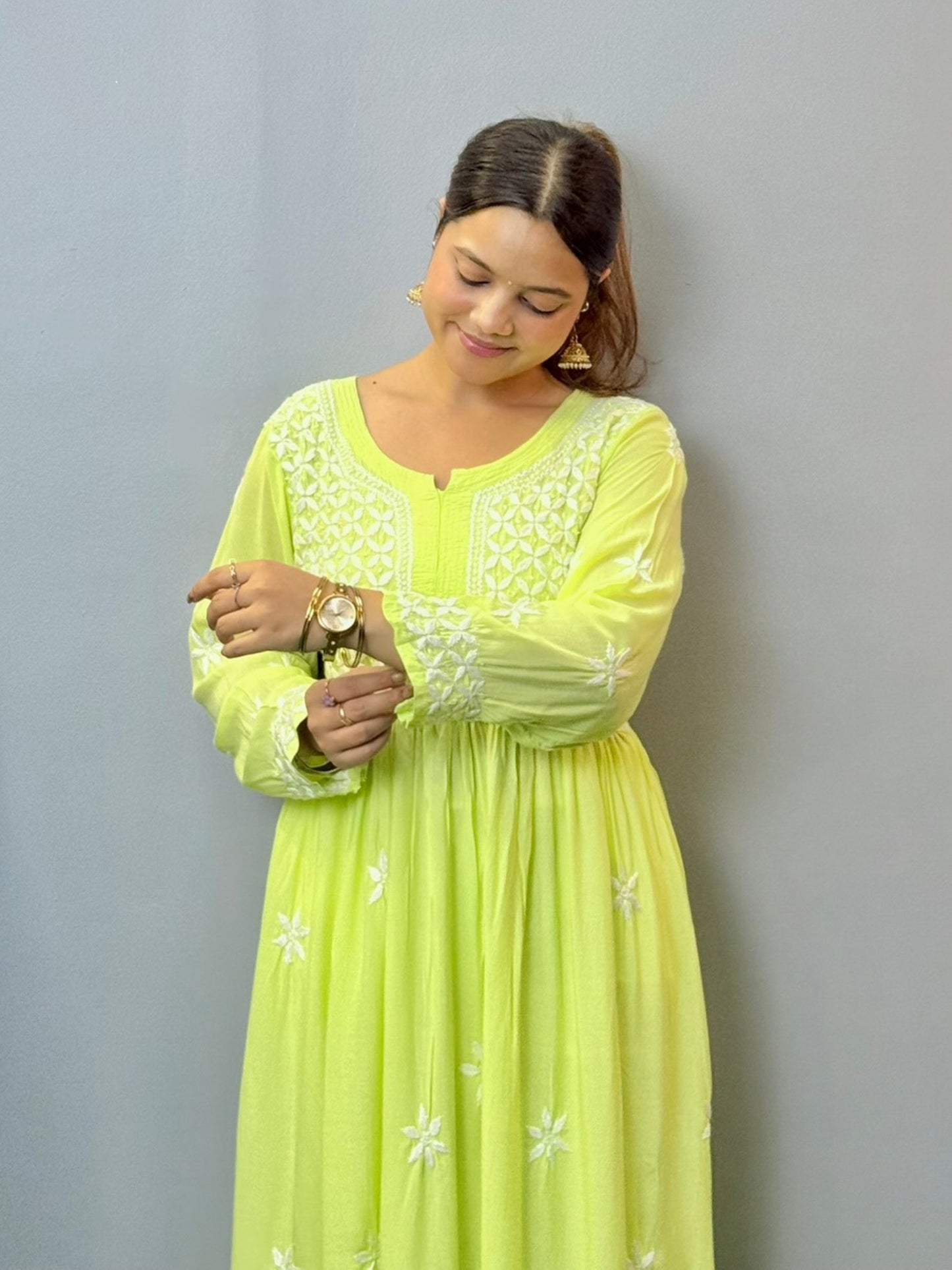 Lime green modal fabric Lucknowi Chikankari long frock with white hand embroidery, soft and comfortable