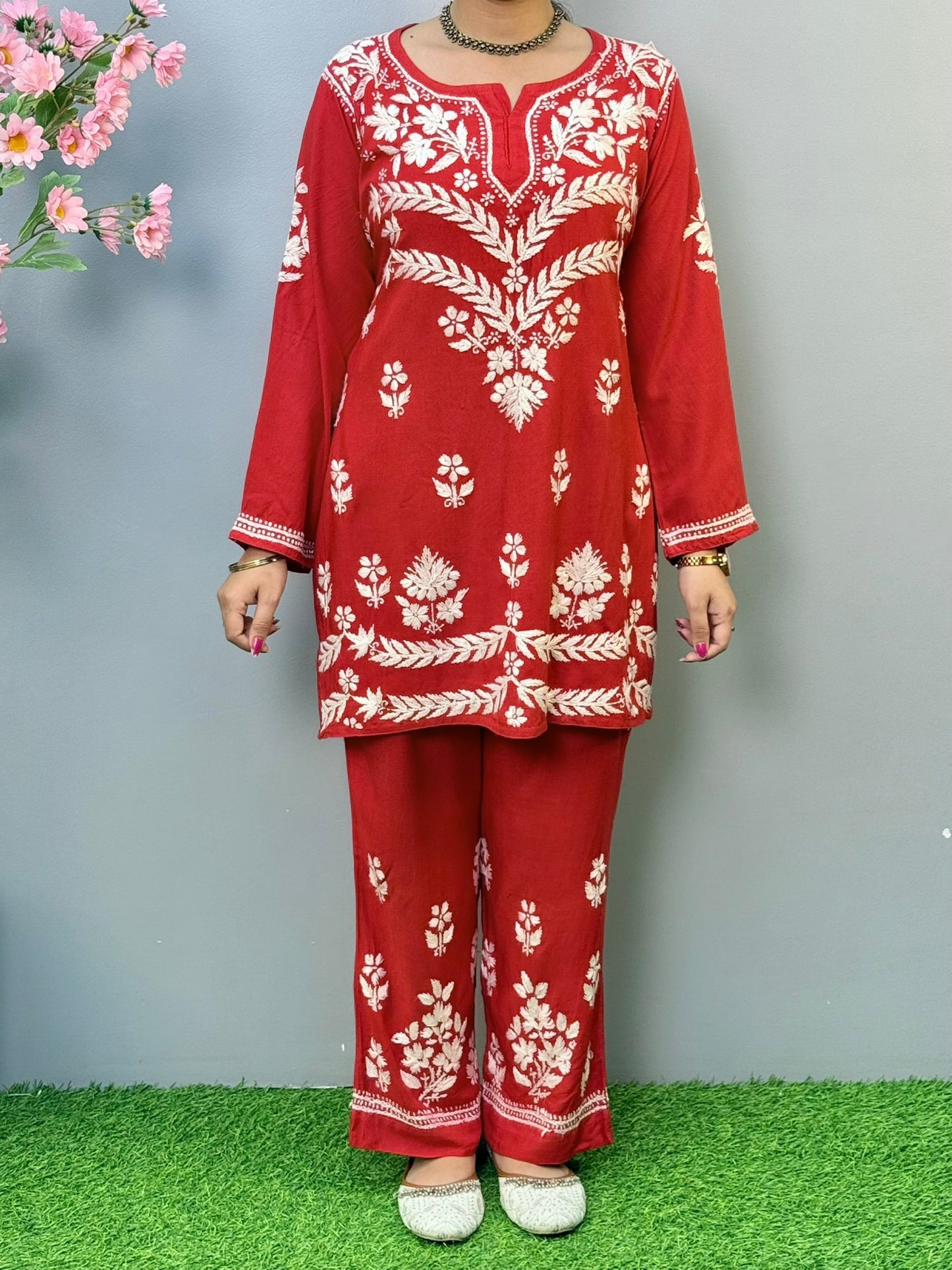 Red rayon short chikankari kurta and pant set with white hand embroidery