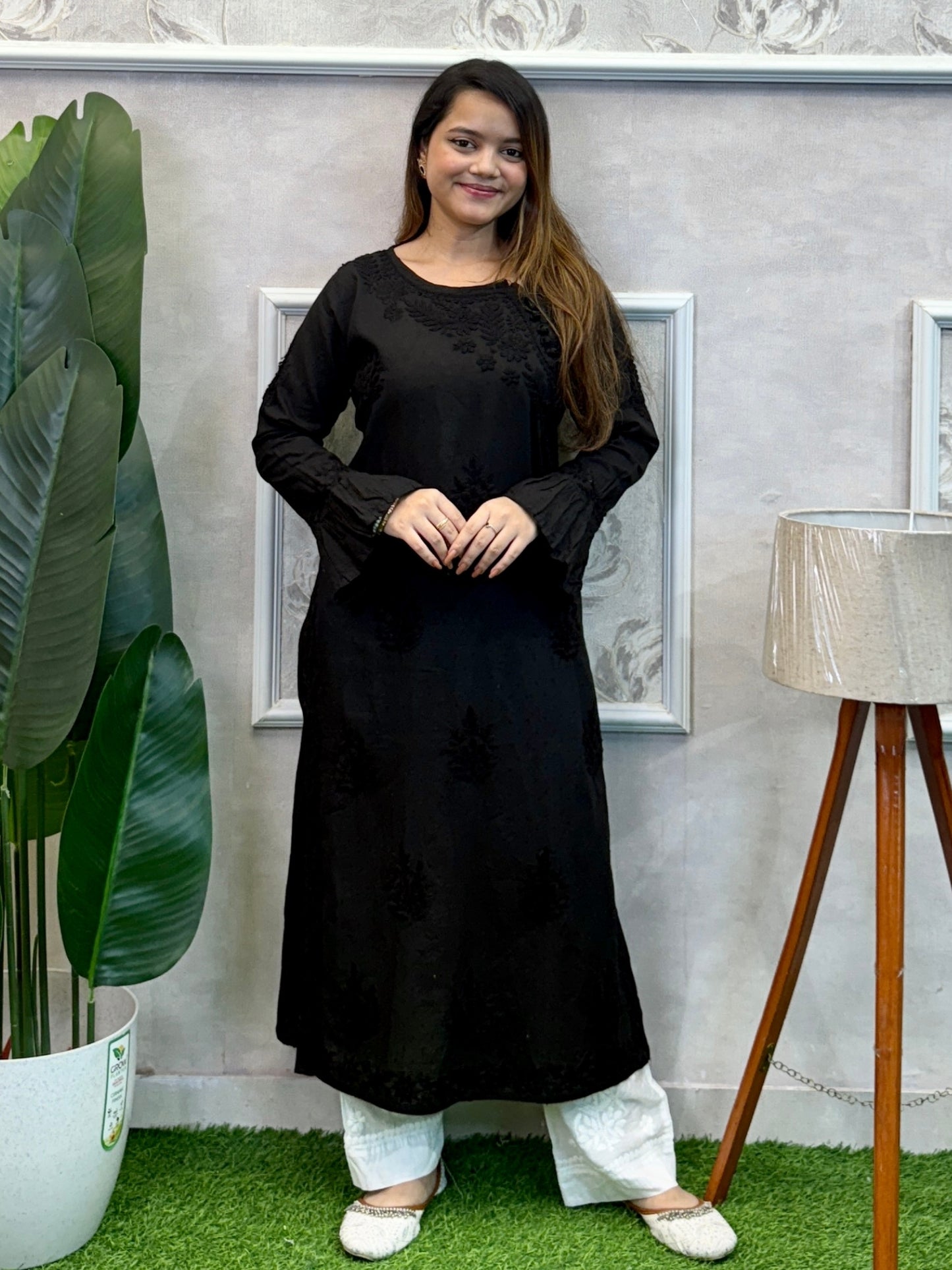 Black Dobby Cotton Lucknow Chikankari Kurta with hand embroidery and bell sleeves look