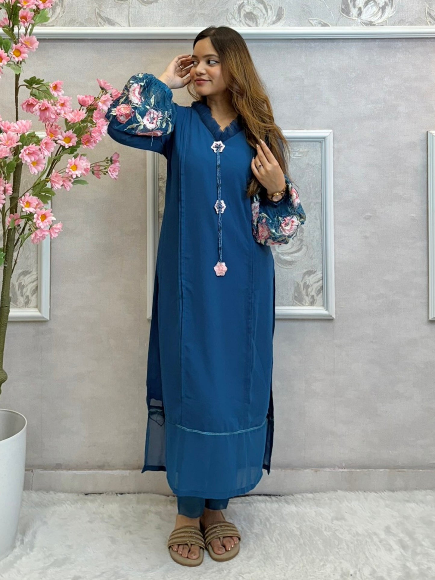 Midnight teal designer georgette kurta with floral embroidered organza sleeves and satin stretch pants