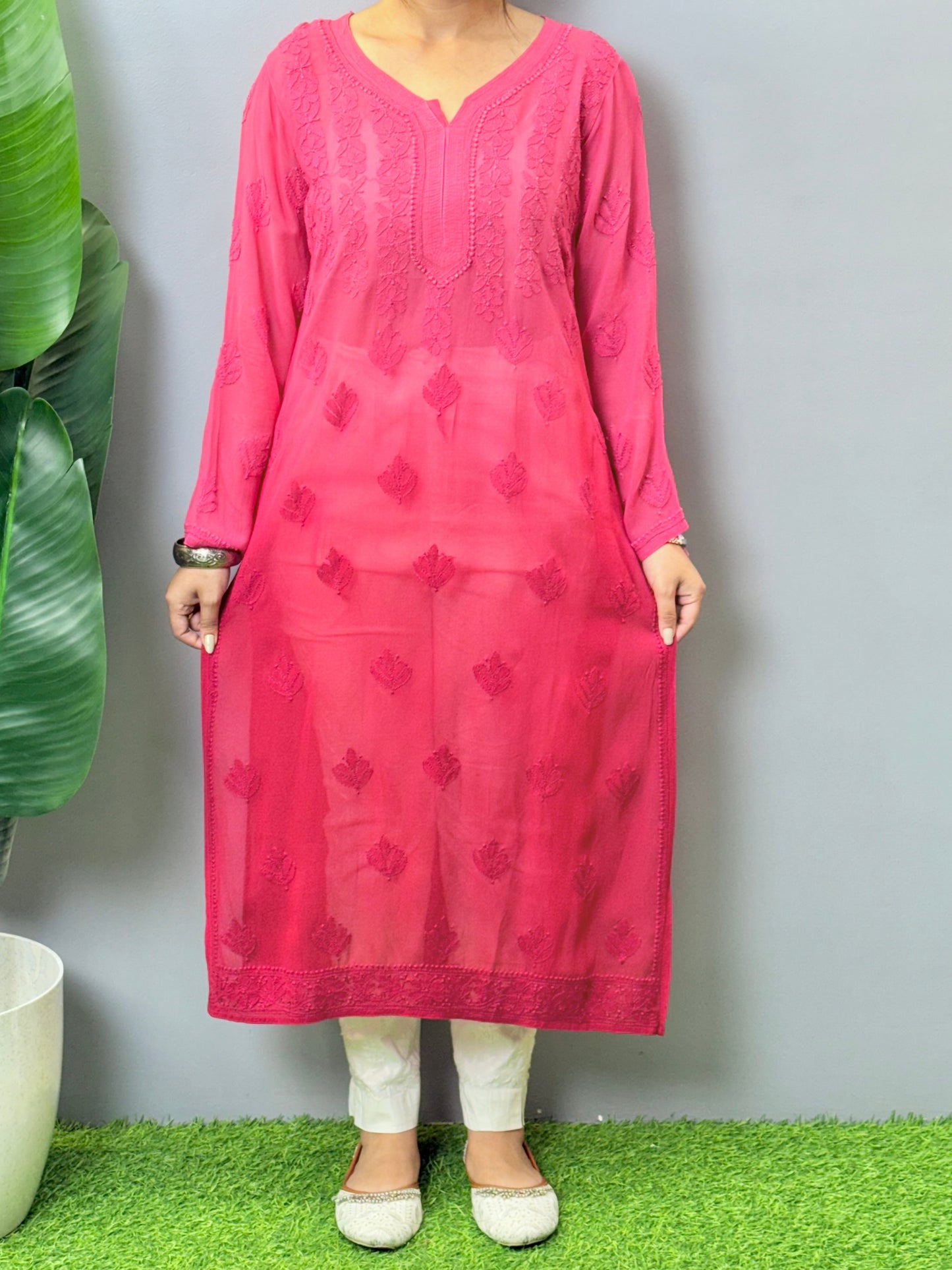 Rose red transy viscose Lucknow Chikankari kurta with hand embroidery – soft and comfortable casual wear.