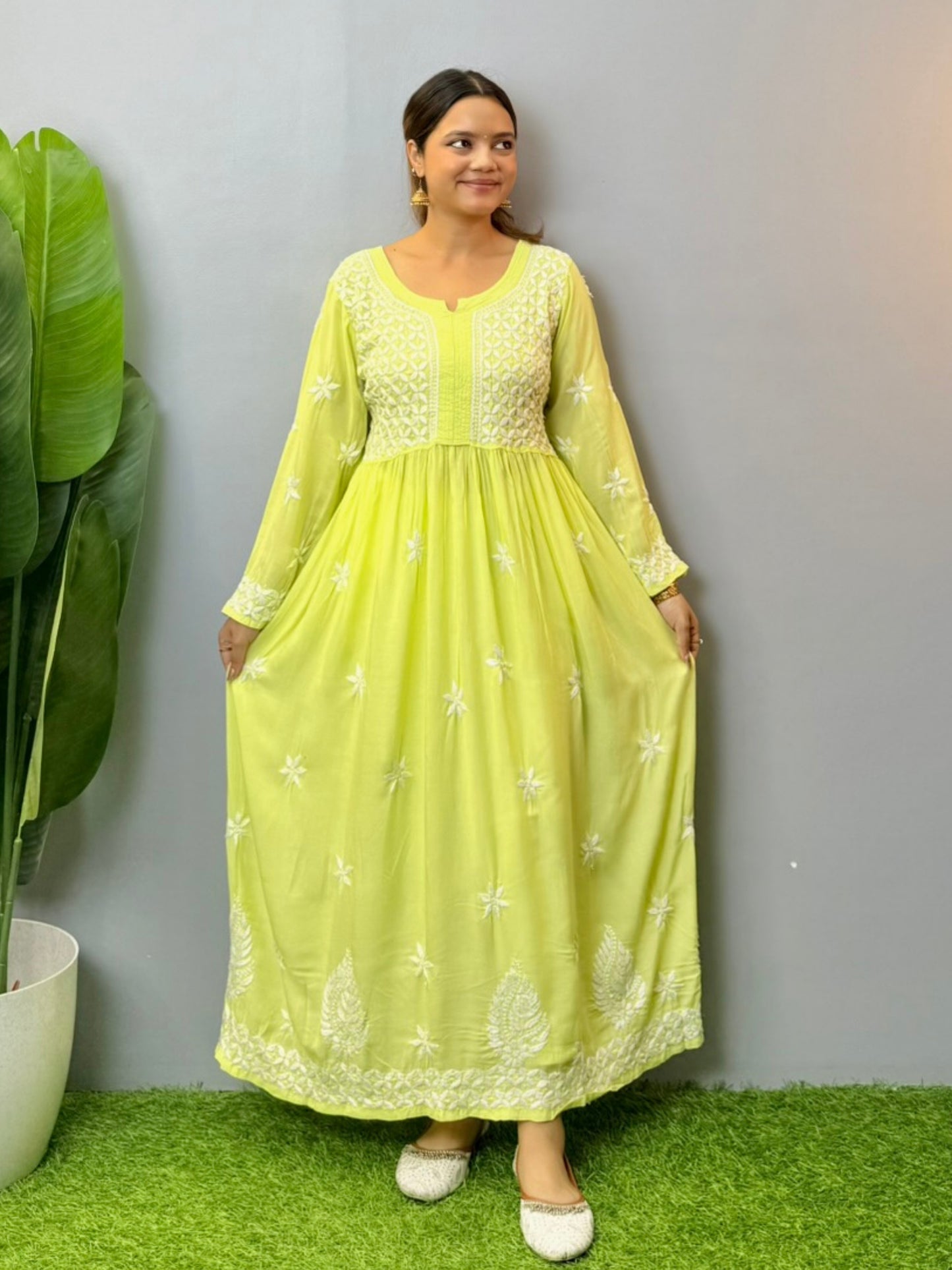 Lime green modal fabric Lucknowi Chikankari long frock with white hand embroidery, soft and comfortable