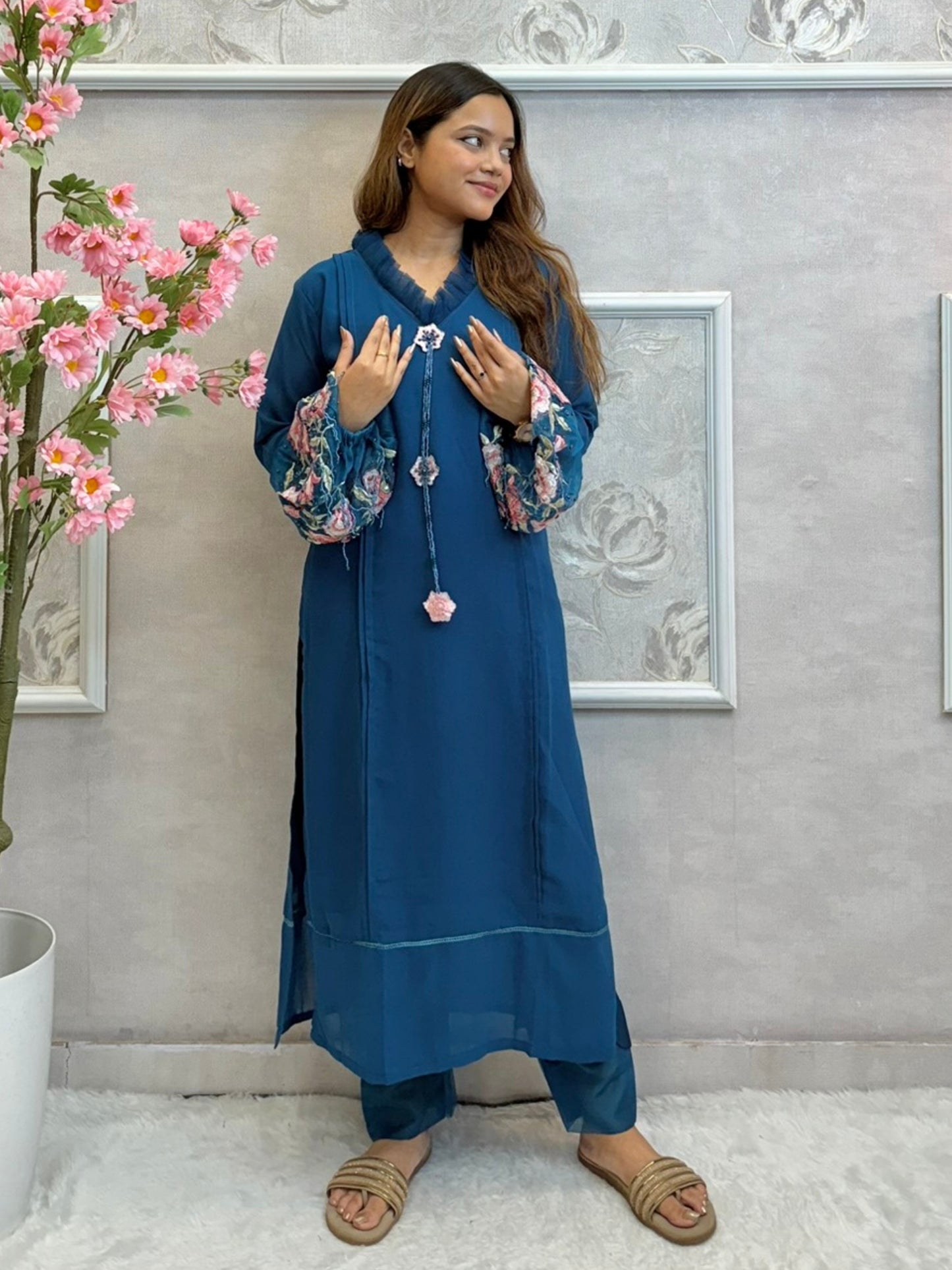 Midnight teal designer georgette kurta with floral embroidered organza sleeves and satin stretch pants