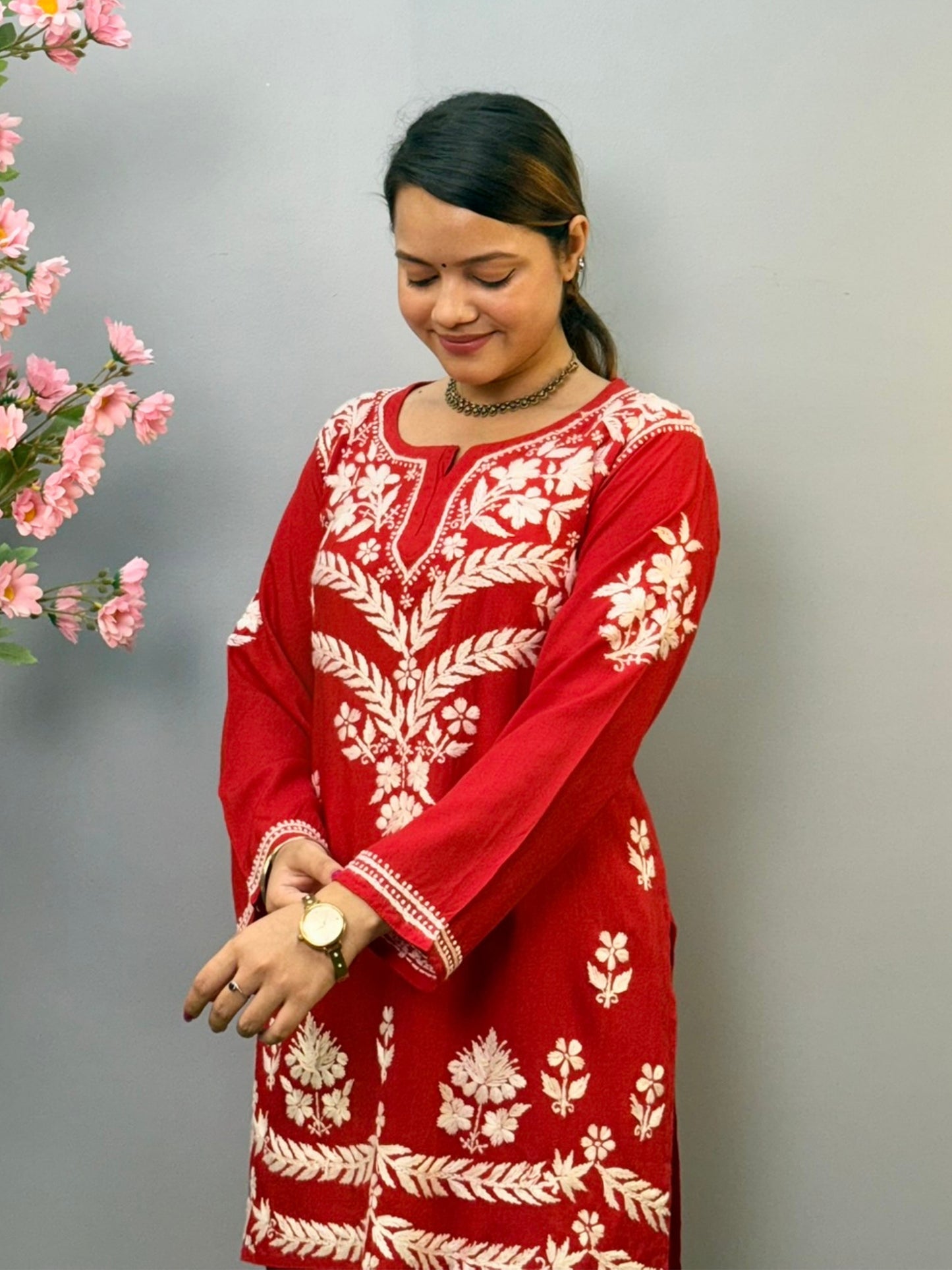 Red rayon short chikankari kurta and pant set with white hand embroidery