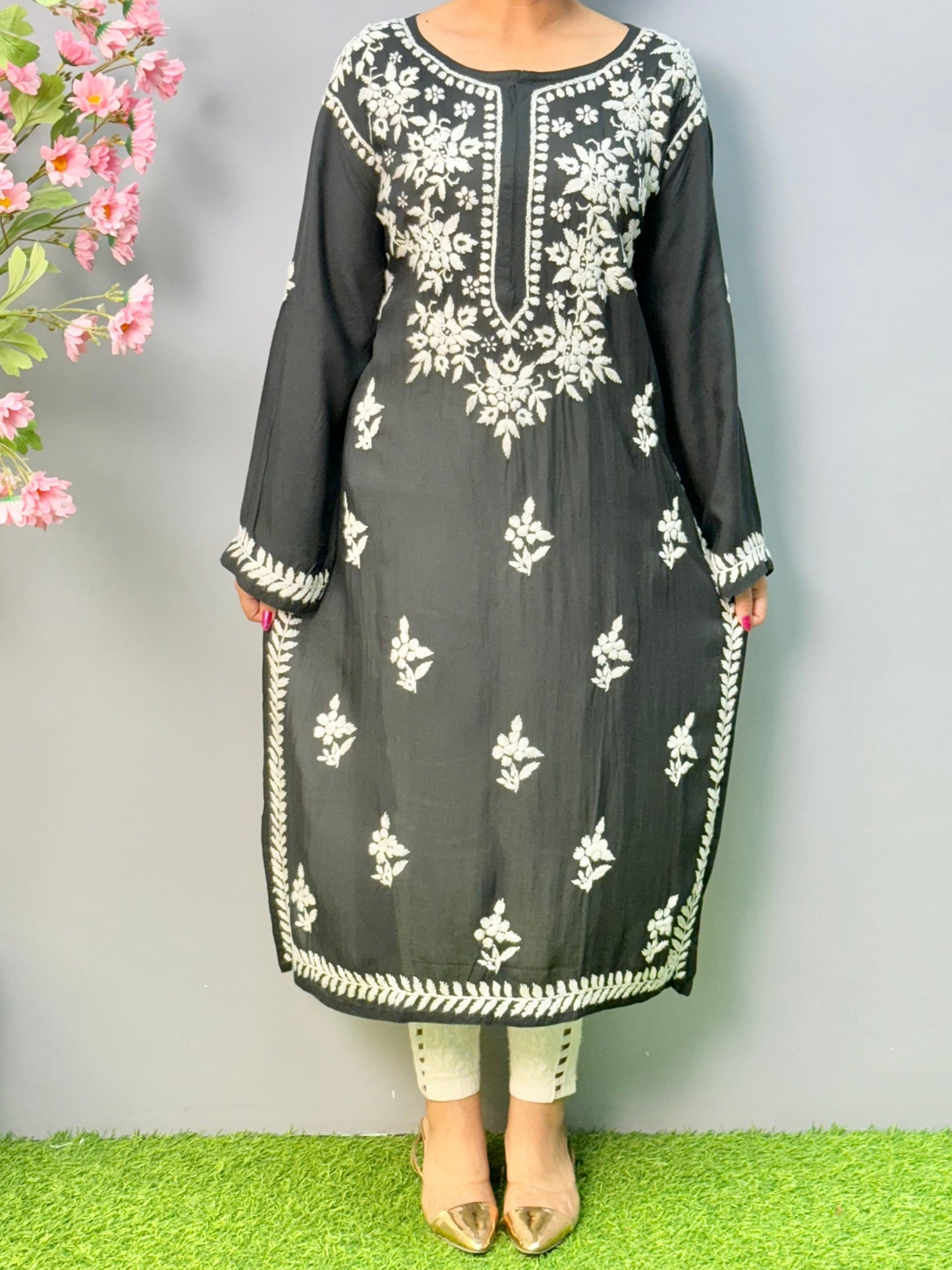 Black modal chikankari kurta with white hand embroidery – soft and comfortable
