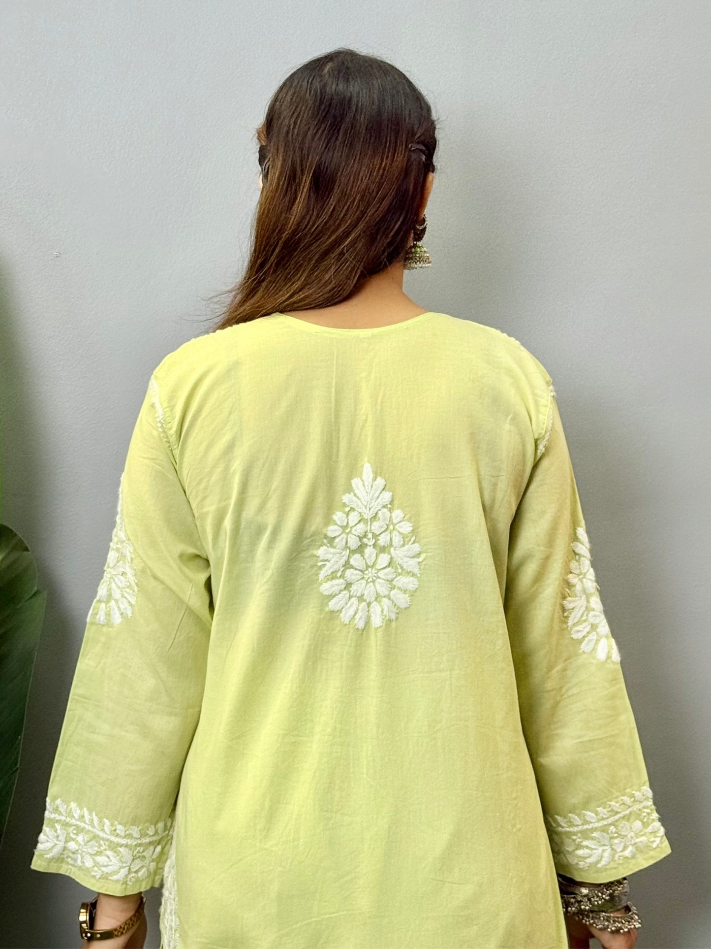 Light green cotton Lucknow Chikankari kurta and palazzo set with hand embroidery – premium quality ethnic wear.