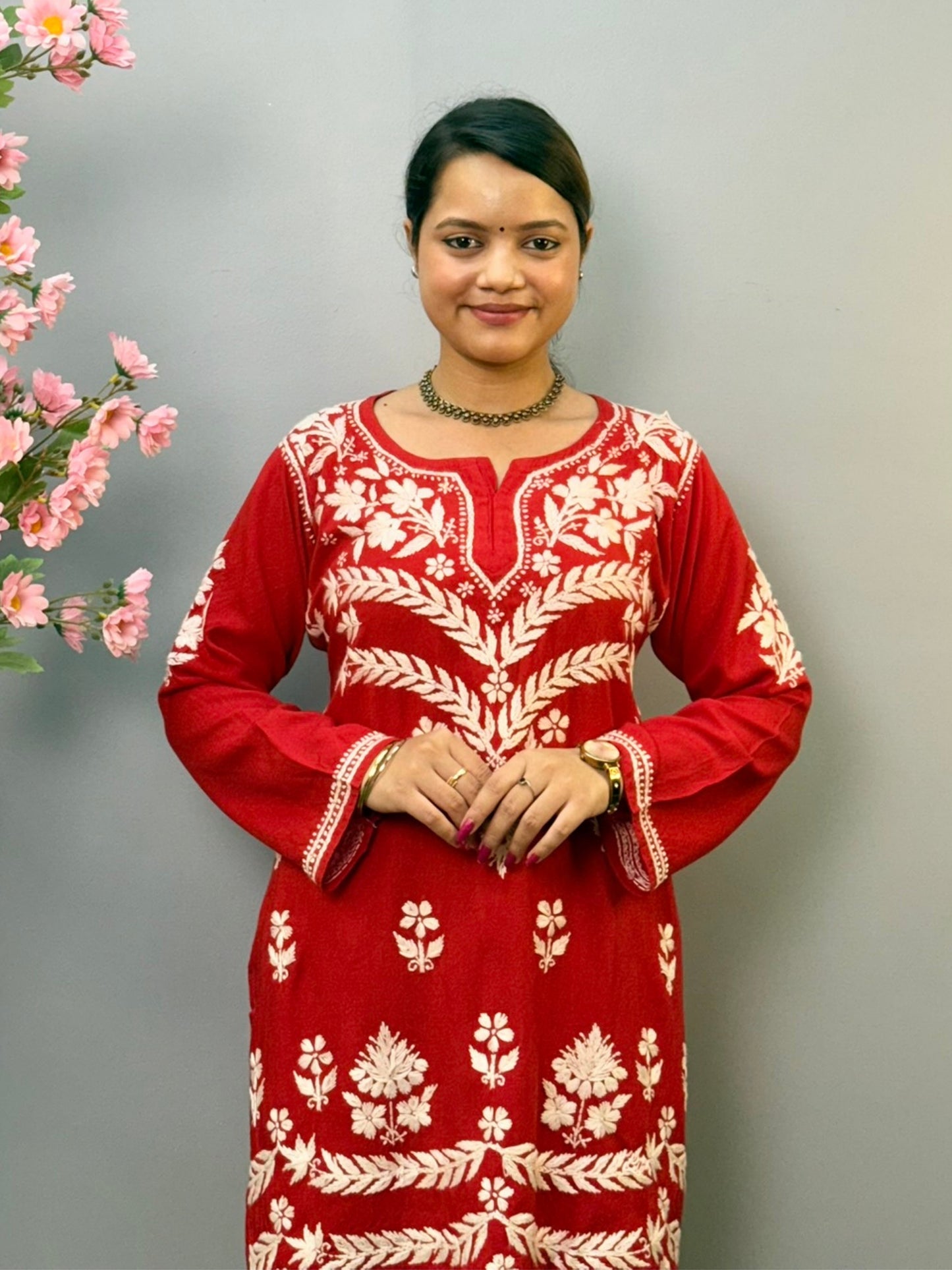 Red rayon short chikankari kurta and pant set with white hand embroidery