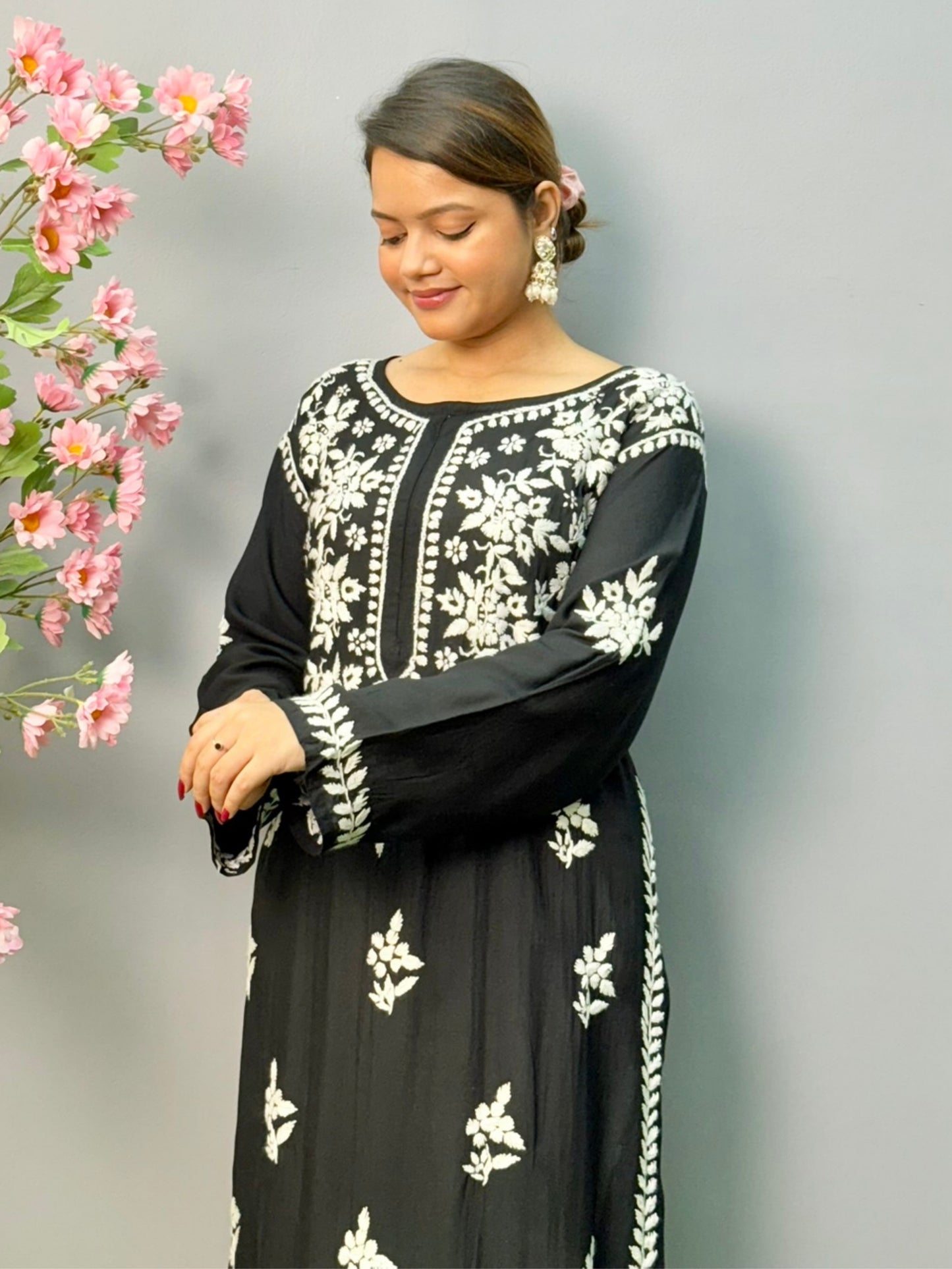 Black modal chikankari kurta with white hand embroidery – soft and comfortable