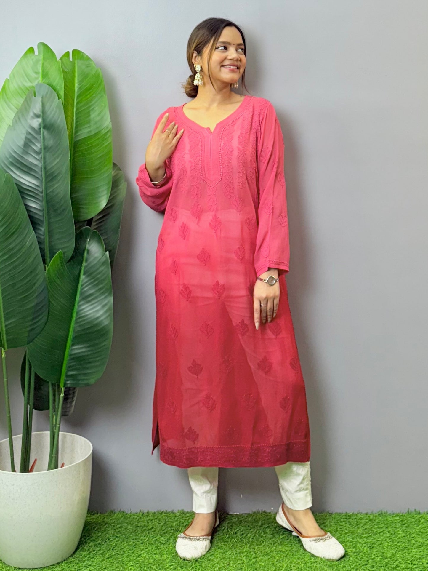 Rose red transy viscose Lucknow Chikankari kurta with hand embroidery – soft and comfortable casual wear.
