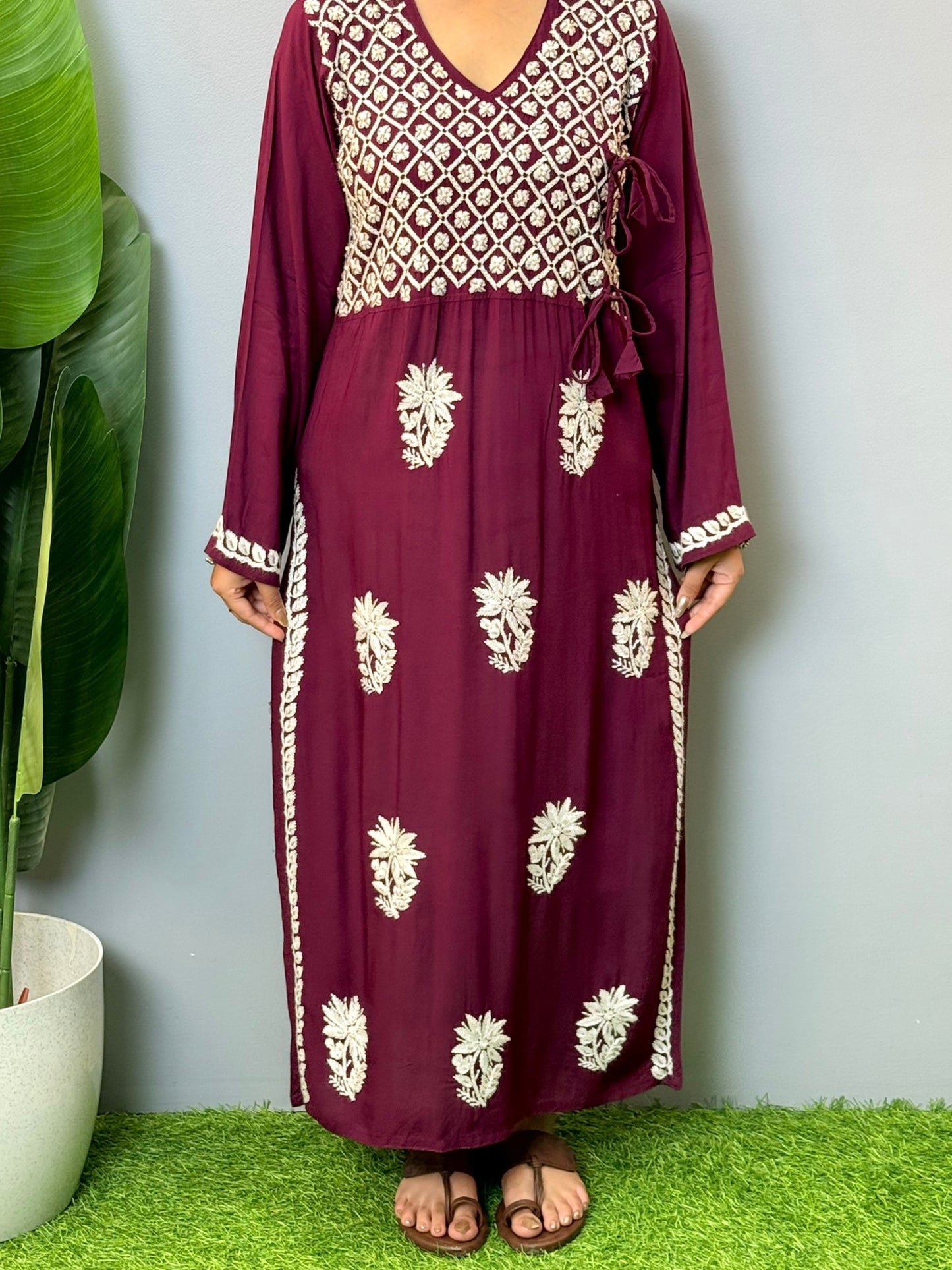Wine modal angrakha style chikankari kurta with white hand embroidery and tie-up details