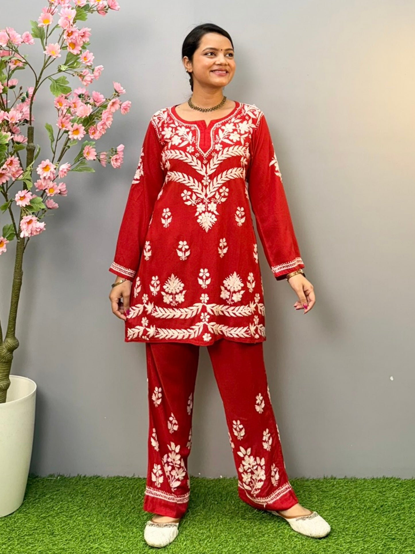 Red rayon short chikankari kurta and pant set with white hand embroidery