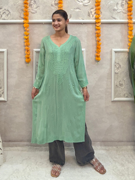 Mint green viscose chikankari kurta with hand embroidery, premium quality and soft fabric