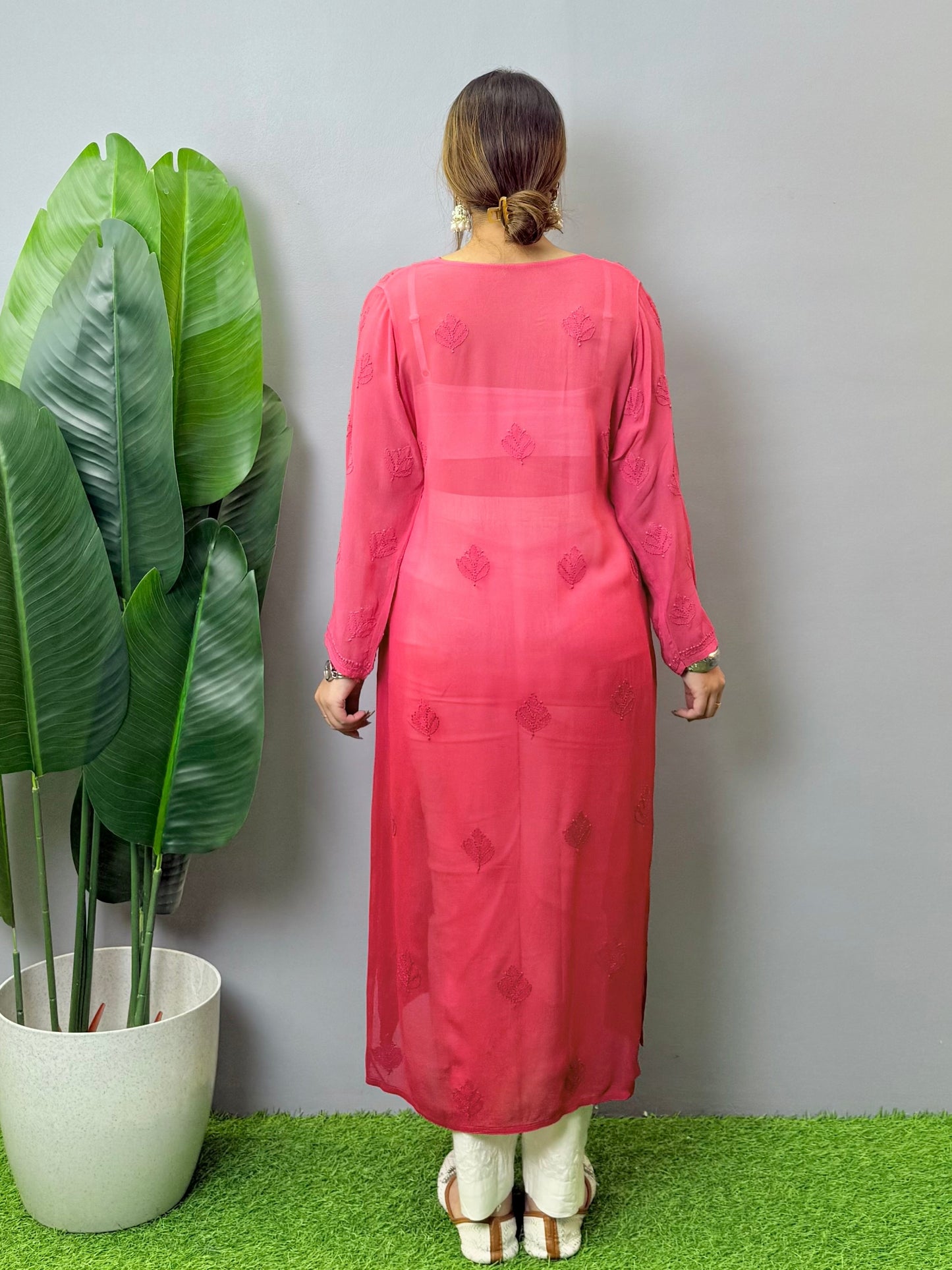 Rose red transy viscose Lucknow Chikankari kurta with hand embroidery – soft and comfortable casual wear.