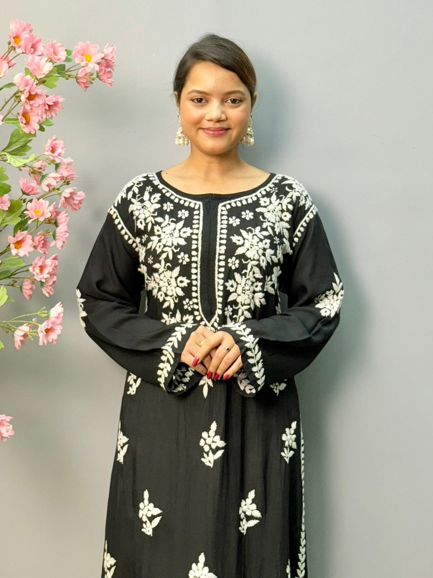 Black modal chikankari kurta with white hand embroidery – soft and comfortable