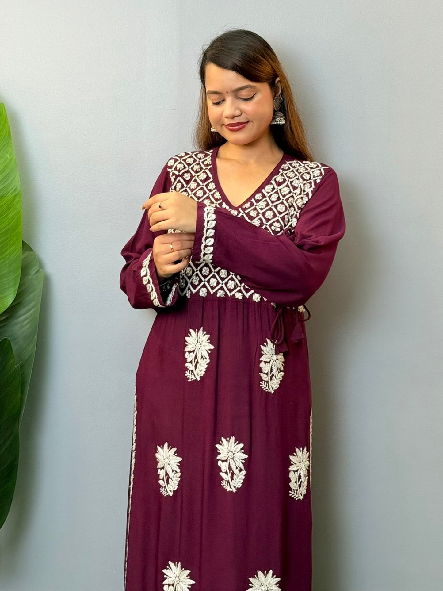 Wine modal angrakha style chikankari kurta with white hand embroidery and tie-up details