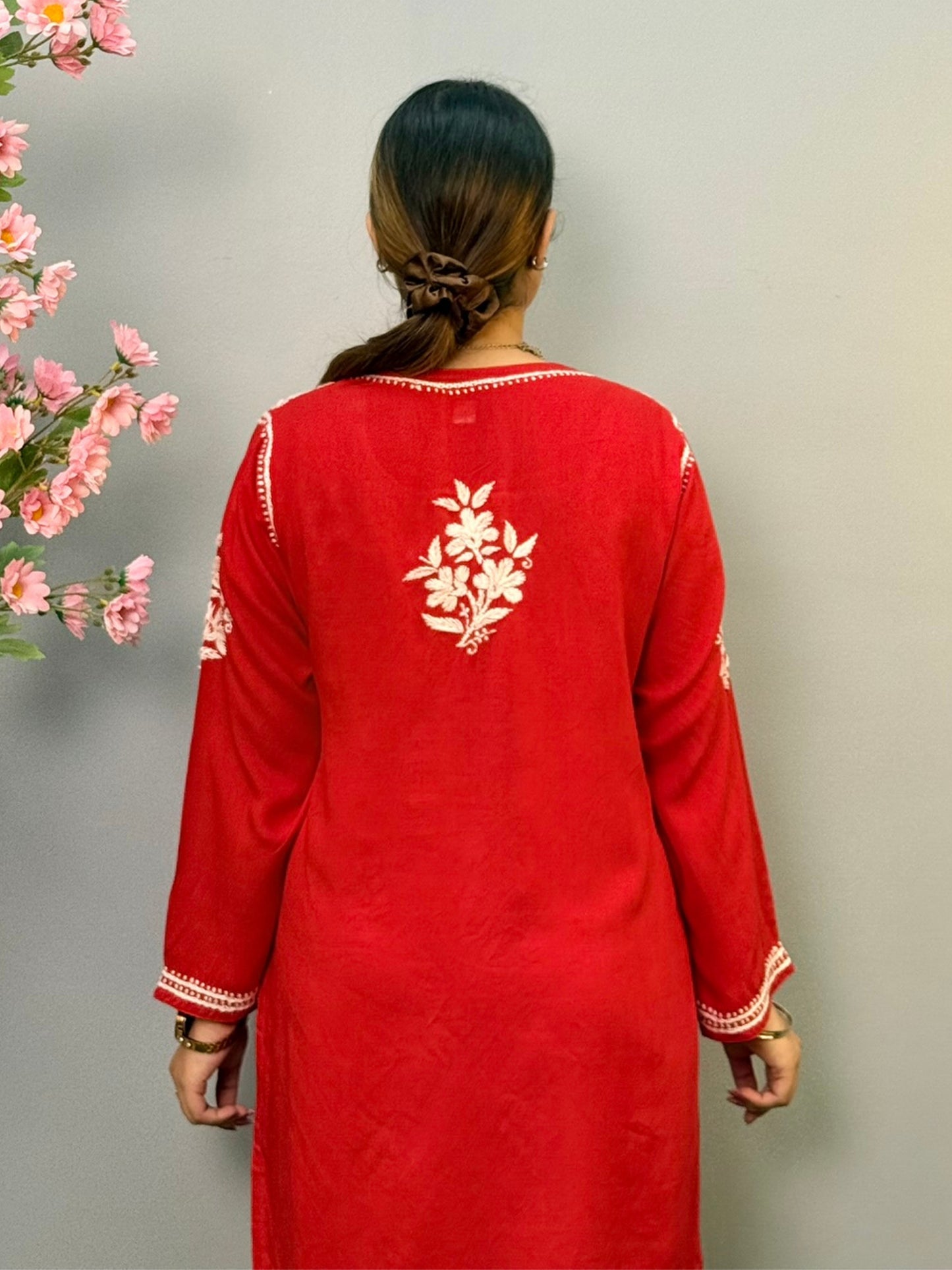 Red rayon short chikankari kurta and pant set with white hand embroidery