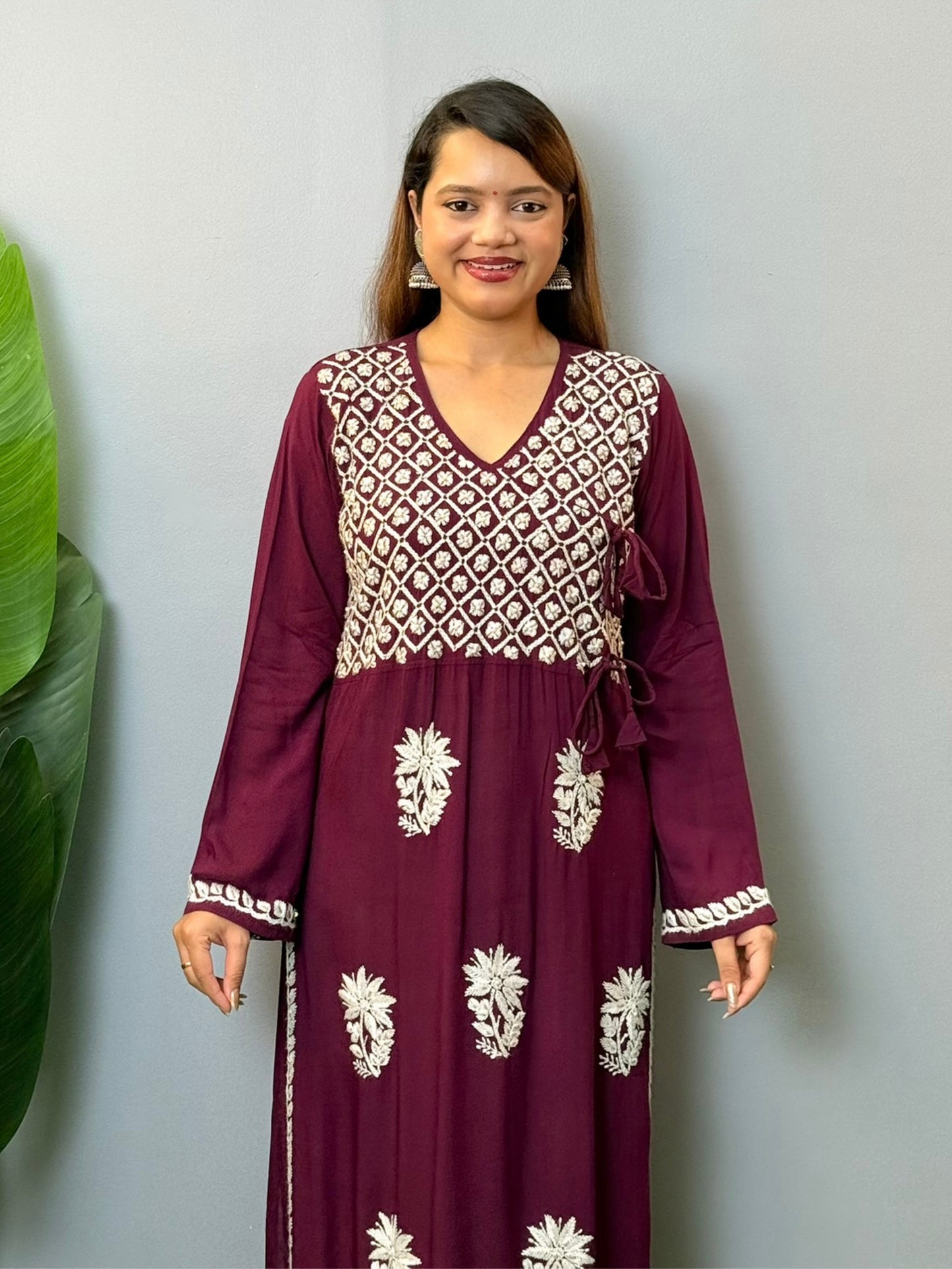 Wine modal angrakha style chikankari kurta with white hand embroidery and tie-up details