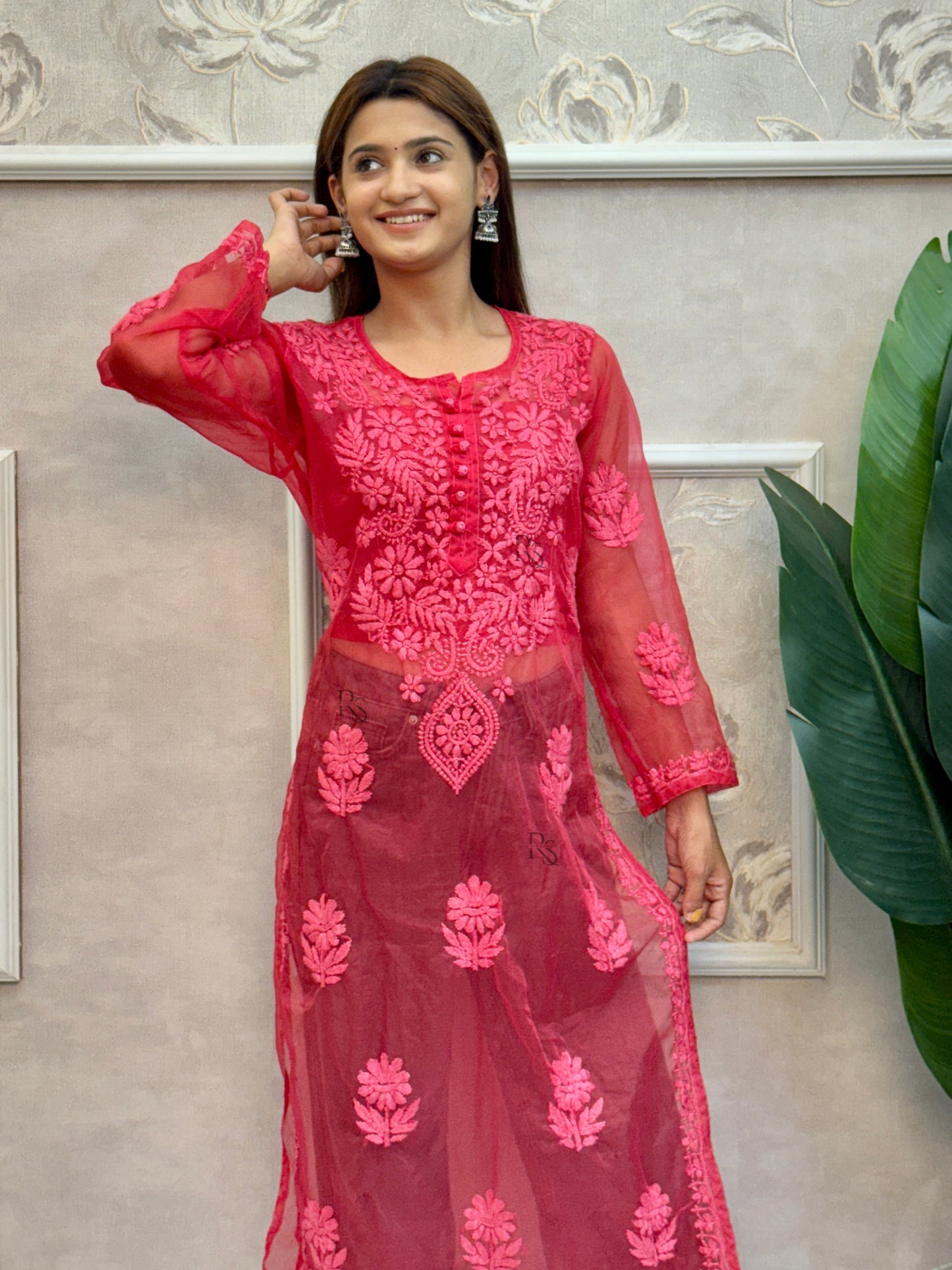 Rani pink Lucknow chikankari organza kurta with hand embroidery