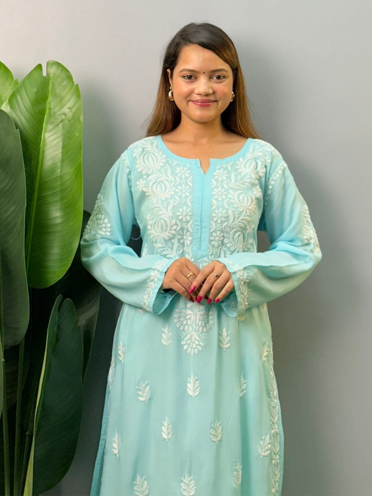 Powder blue modal Chikankari kurta with white hand embroidery – soft, elegant ethnic wear for women