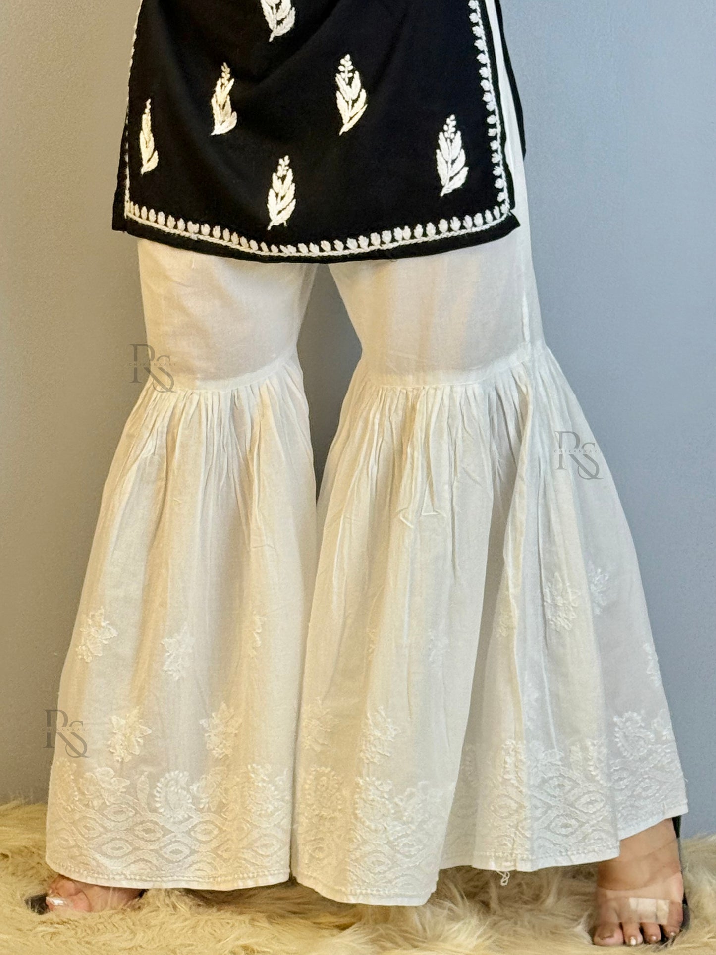 White cotton chikankari palazzo with hand embroidery – dyable bottom wear