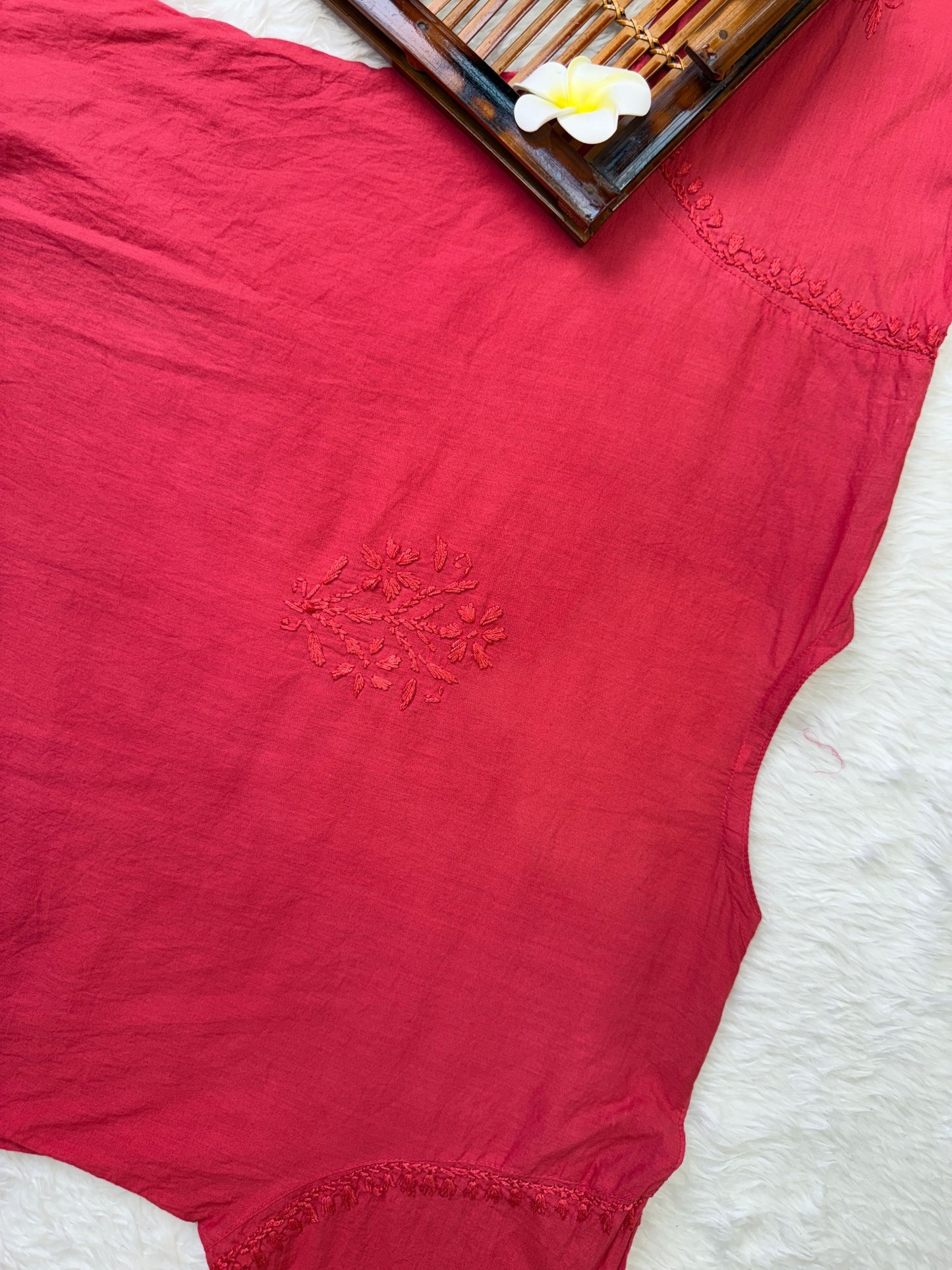 Red cotton pocket style chikankari short kurta with pant and hand embroidery