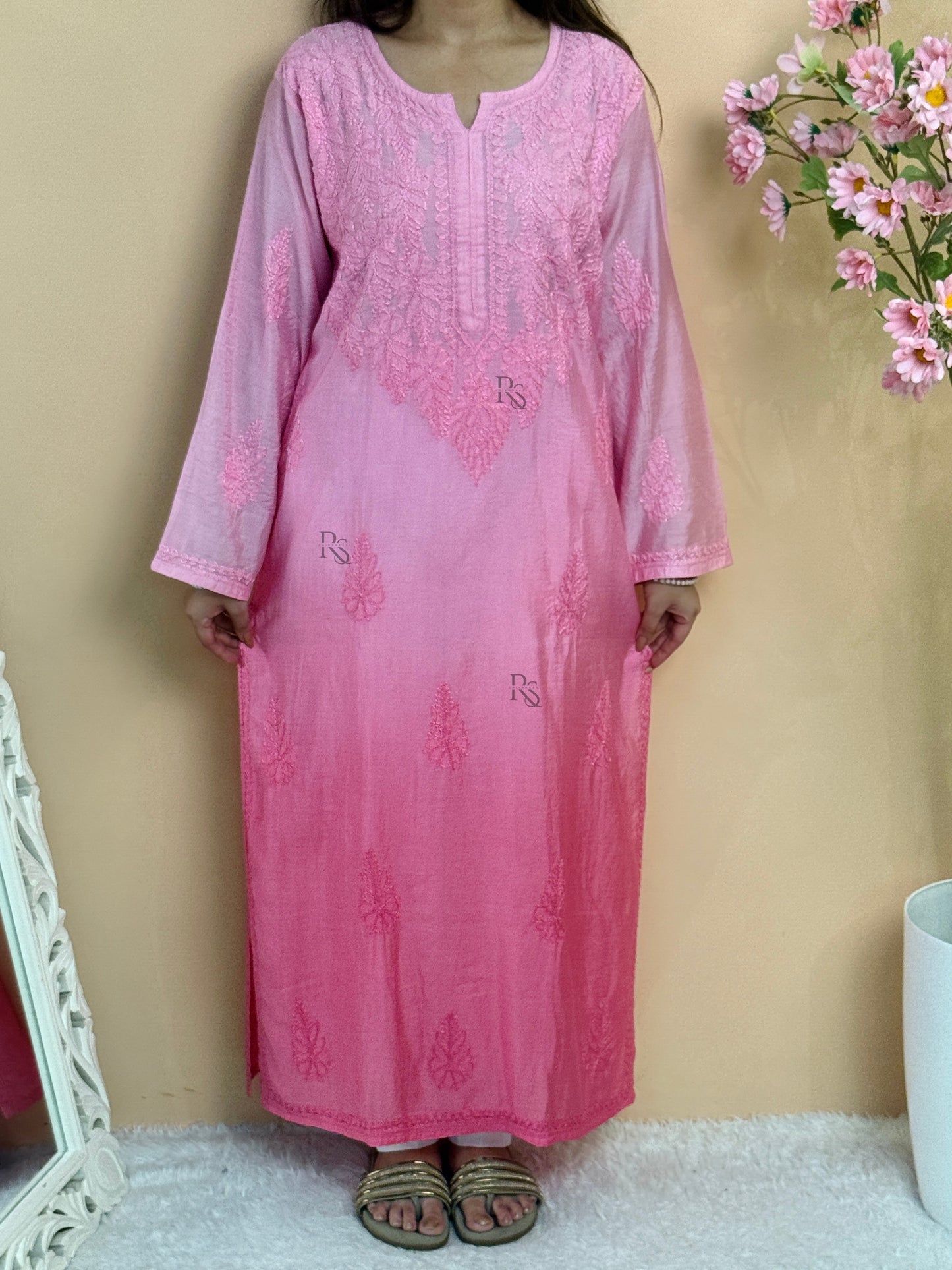 Pink chanderi chikankari kurta with bakhiya hand embroidery, Lucknow craft