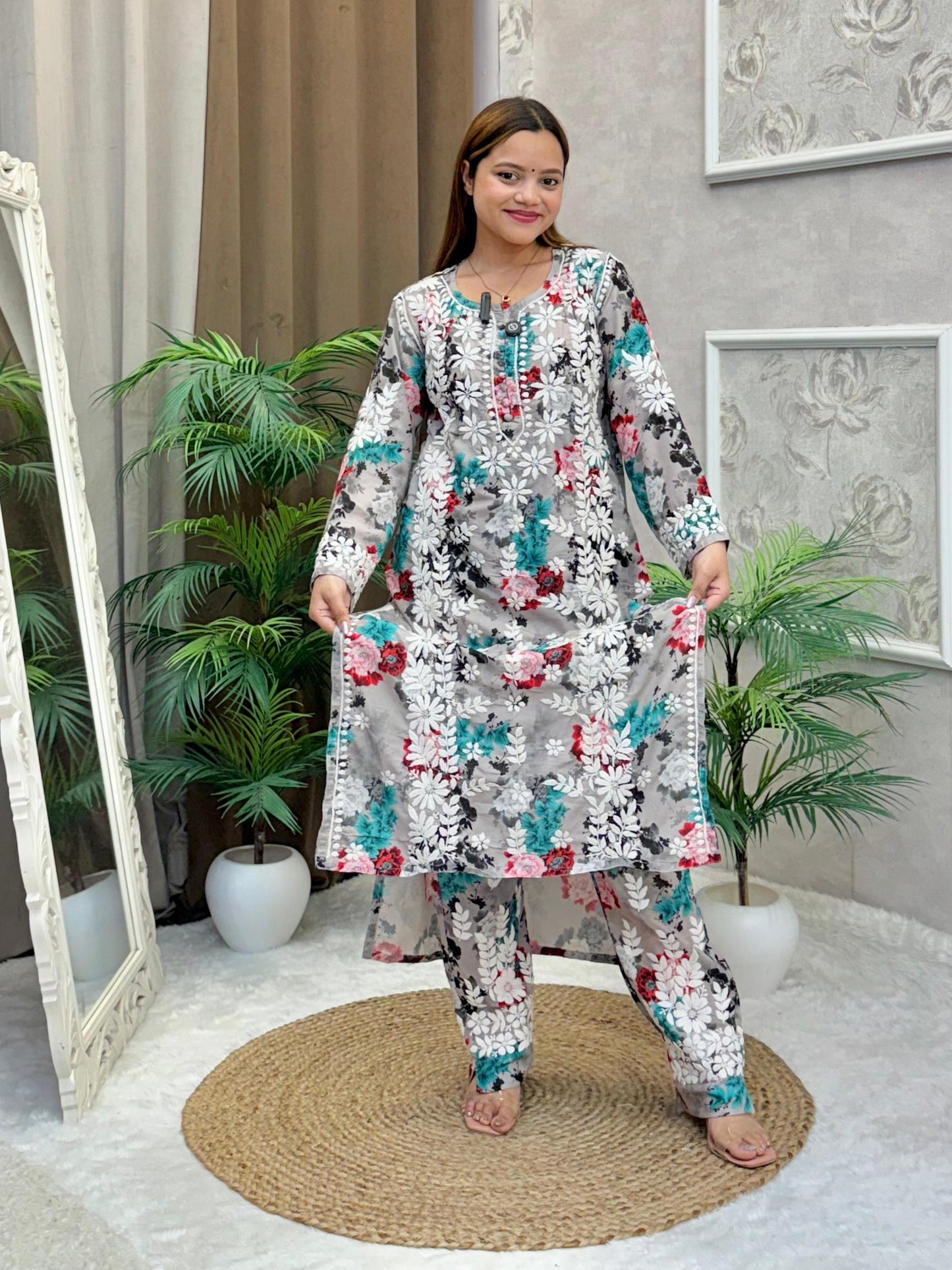 Grey floral printed muslin Lucknow Chikankari kurta and pant set with white 3D hand embroidery