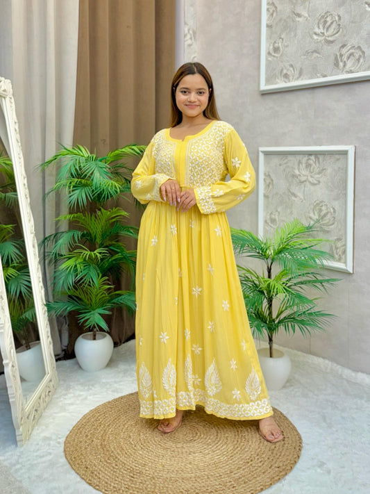 Yellow modal fabric Lucknow Chikankari long frock kurta with white hand embroidery