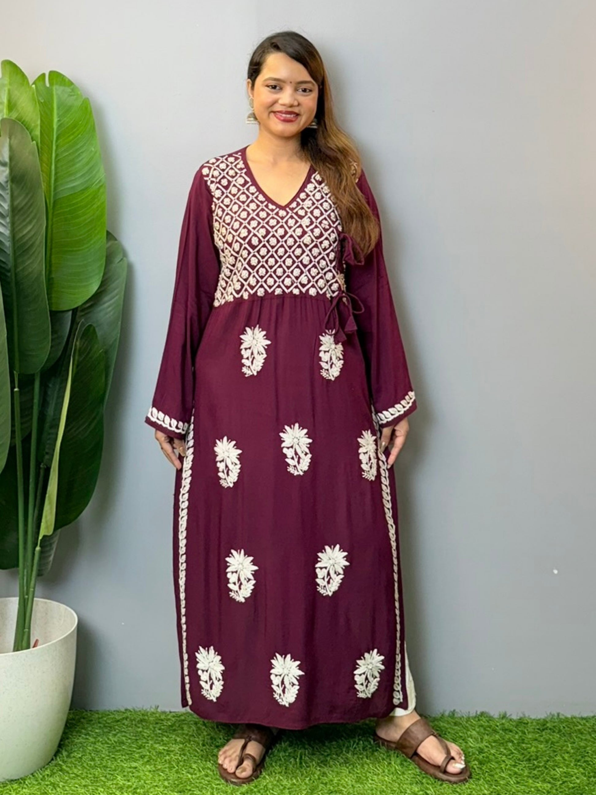 Wine modal angrakha style chikankari kurta with white hand embroidery and tie-up details