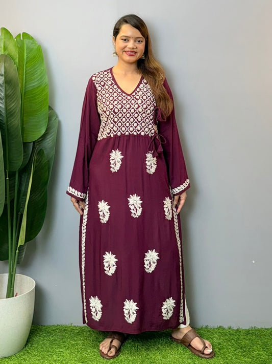 Wine modal angrakha style chikankari kurta with white hand embroidery and tie-up details