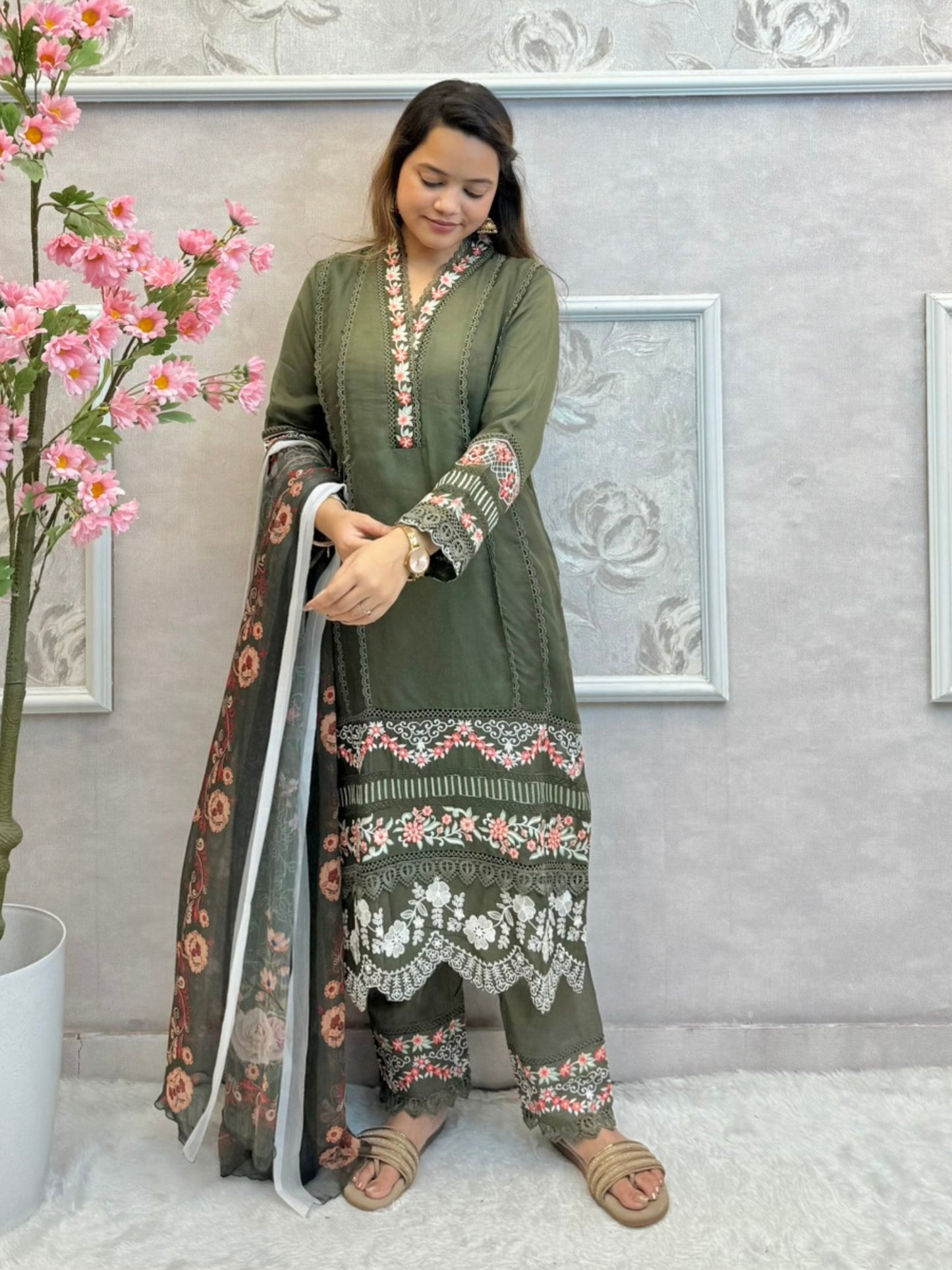 Olive green embroidered georgette kurta set with rayon pants and printed dupatta – designer ethnic wear