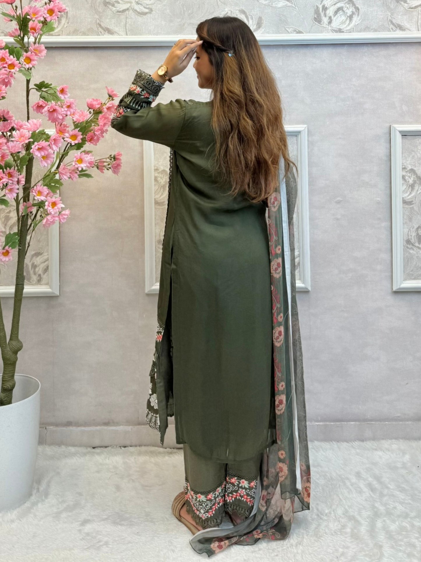 Olive green embroidered georgette kurta set with rayon pants and printed dupatta – designer ethnic wear