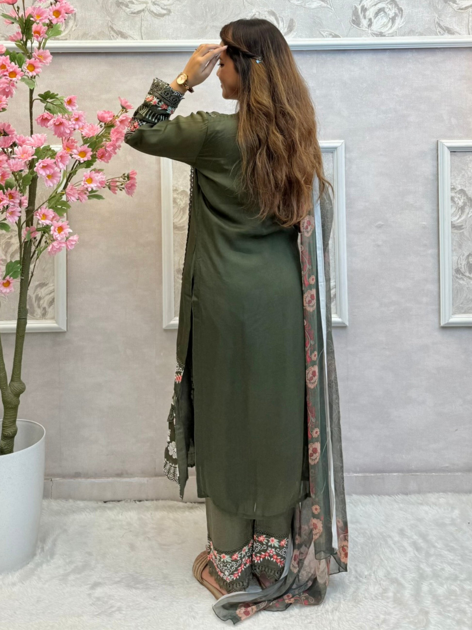 Olive green embroidered georgette kurta set with rayon pants and printed dupatta – designer ethnic wear