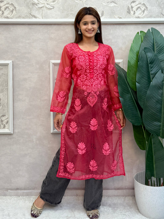 Rani pink Lucknow chikankari organza kurta with hand embroidery