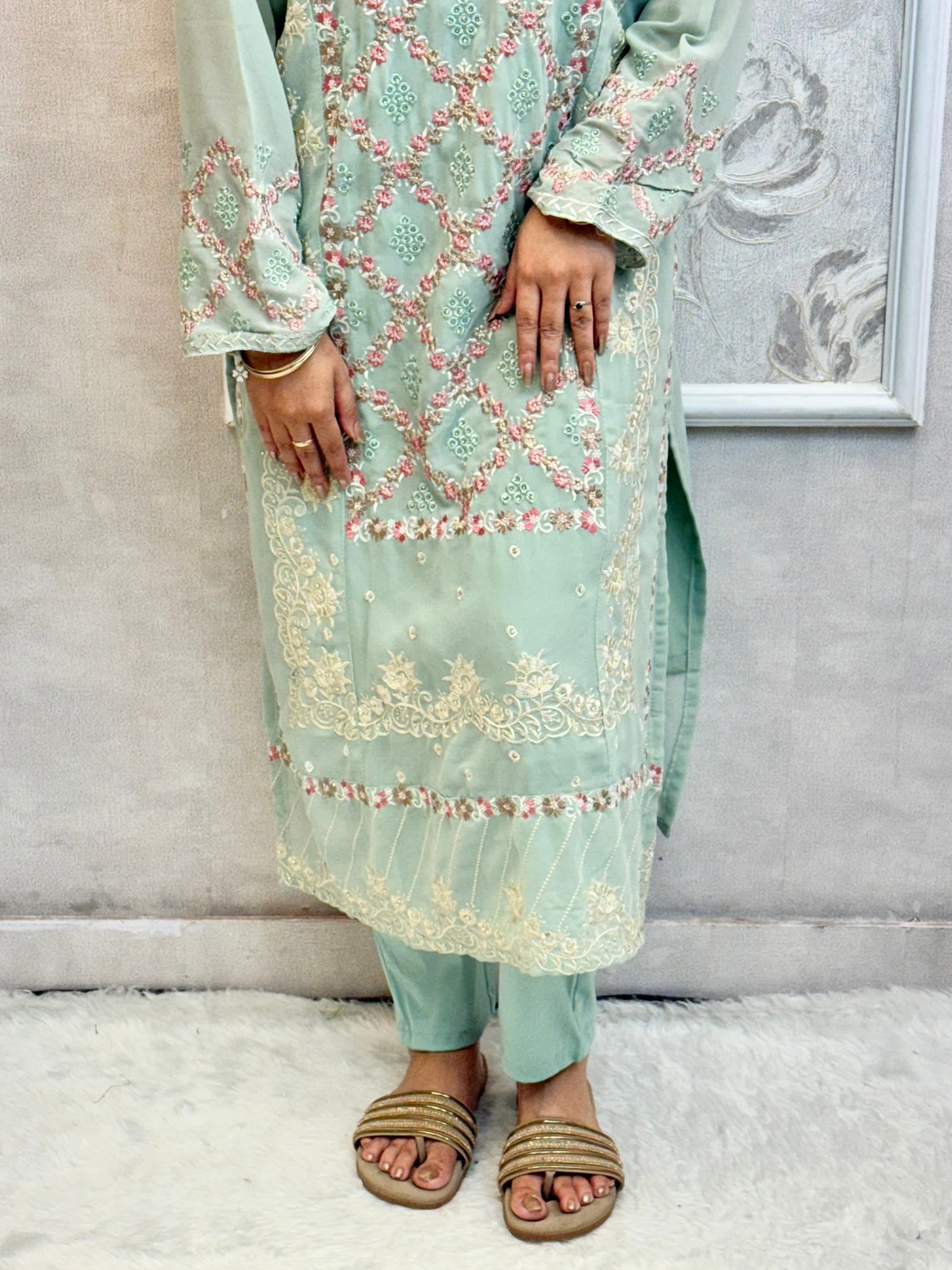 Mint green georgette embroidered kurta set with satin pant and matching dupatta – festive designer wear
