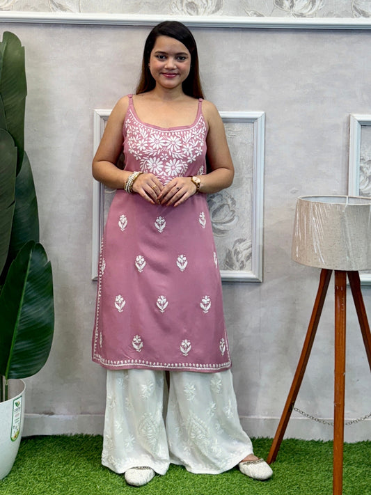 Mauve pink sleeveless rayon Lucknow Chikankari kurta with hand embroidery – premium quality.