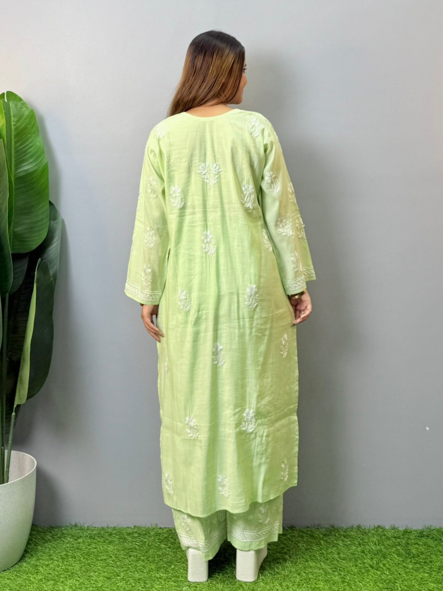 Pastel green chanderi chikankari kurta pant set with delicate white embroidery