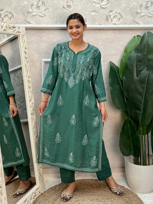 Green Chanderi Lucknow Chikankari kurta and pant set with Bakhiya hand embroidery