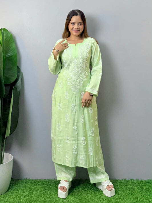 Pastel green chanderi chikankari kurta pant set with delicate white embroidery