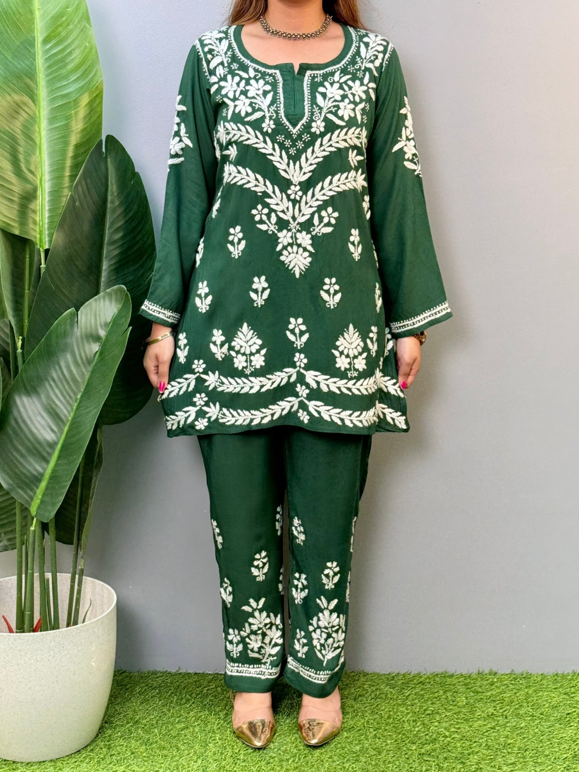 Bottle green rayon short chikankari kurta and pant set with white embroidery